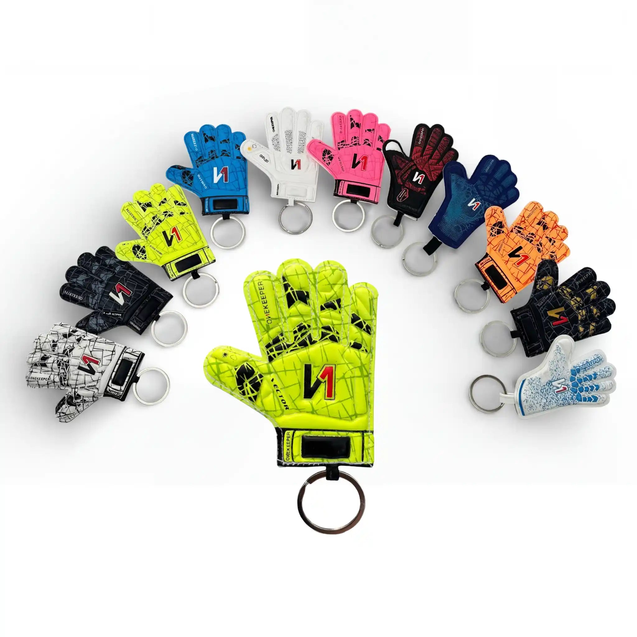 Colorful onekeeper keychains shaped like gloves on a white background