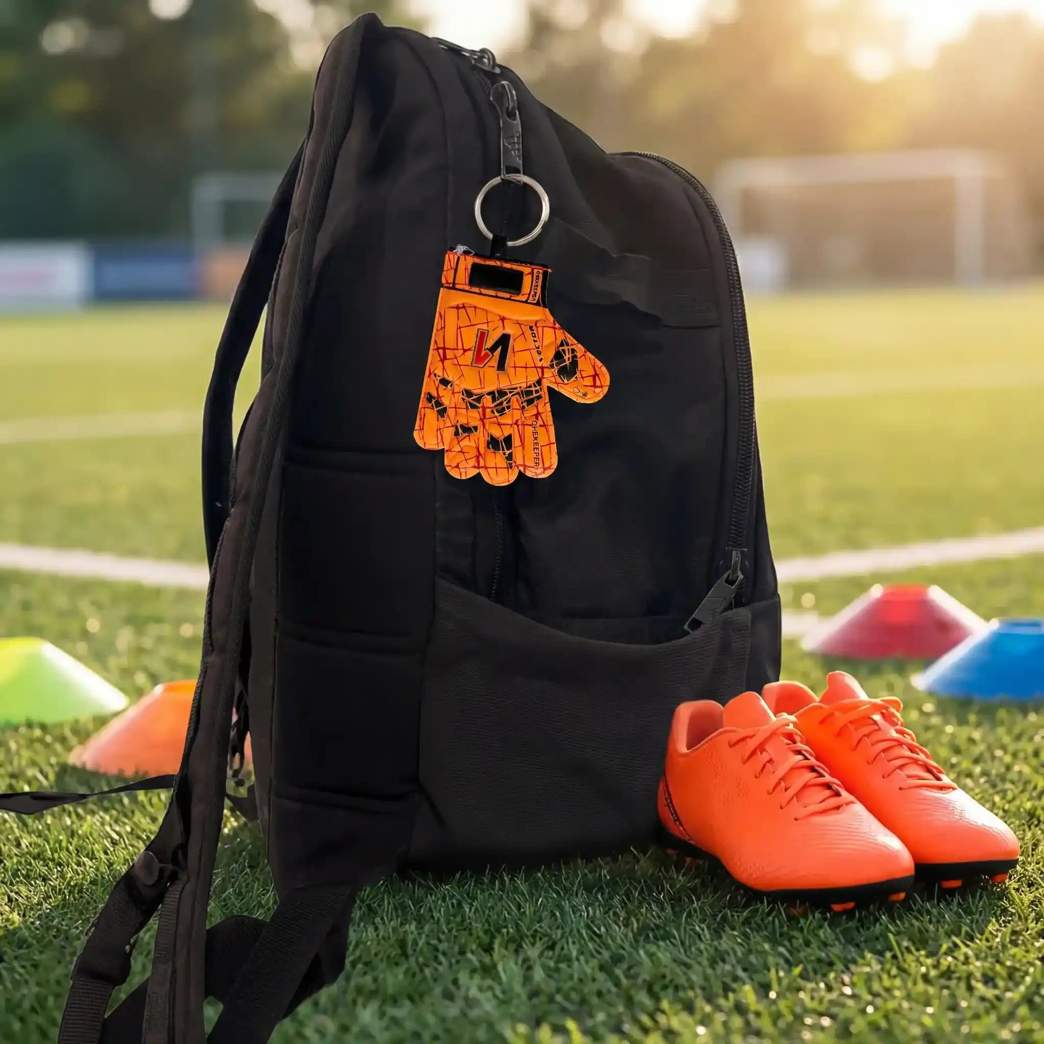 Black backpack with onekeeper orange glove charm on grass, with orange soccer cleats nearby