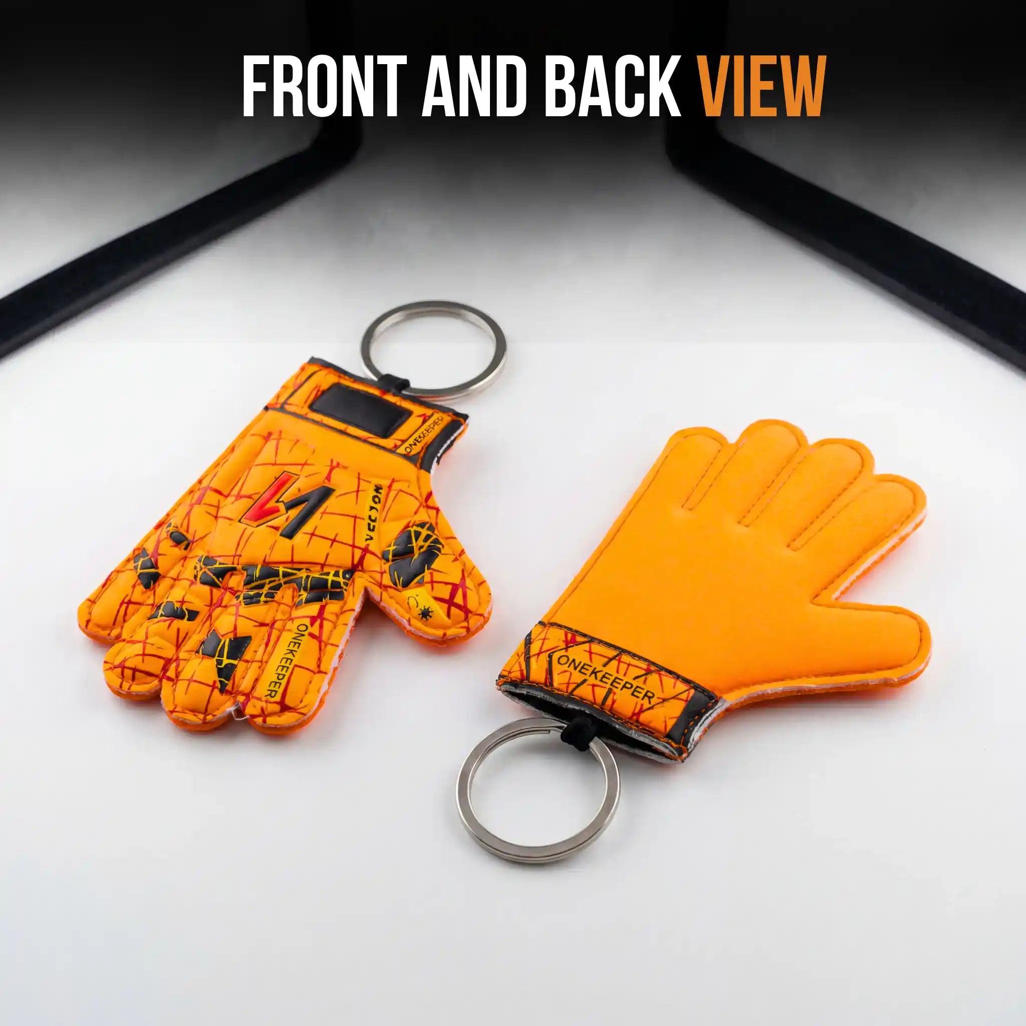 onekeeper Orange keychain shaped like a soccer goalkeeper glove with brand logo on a white background