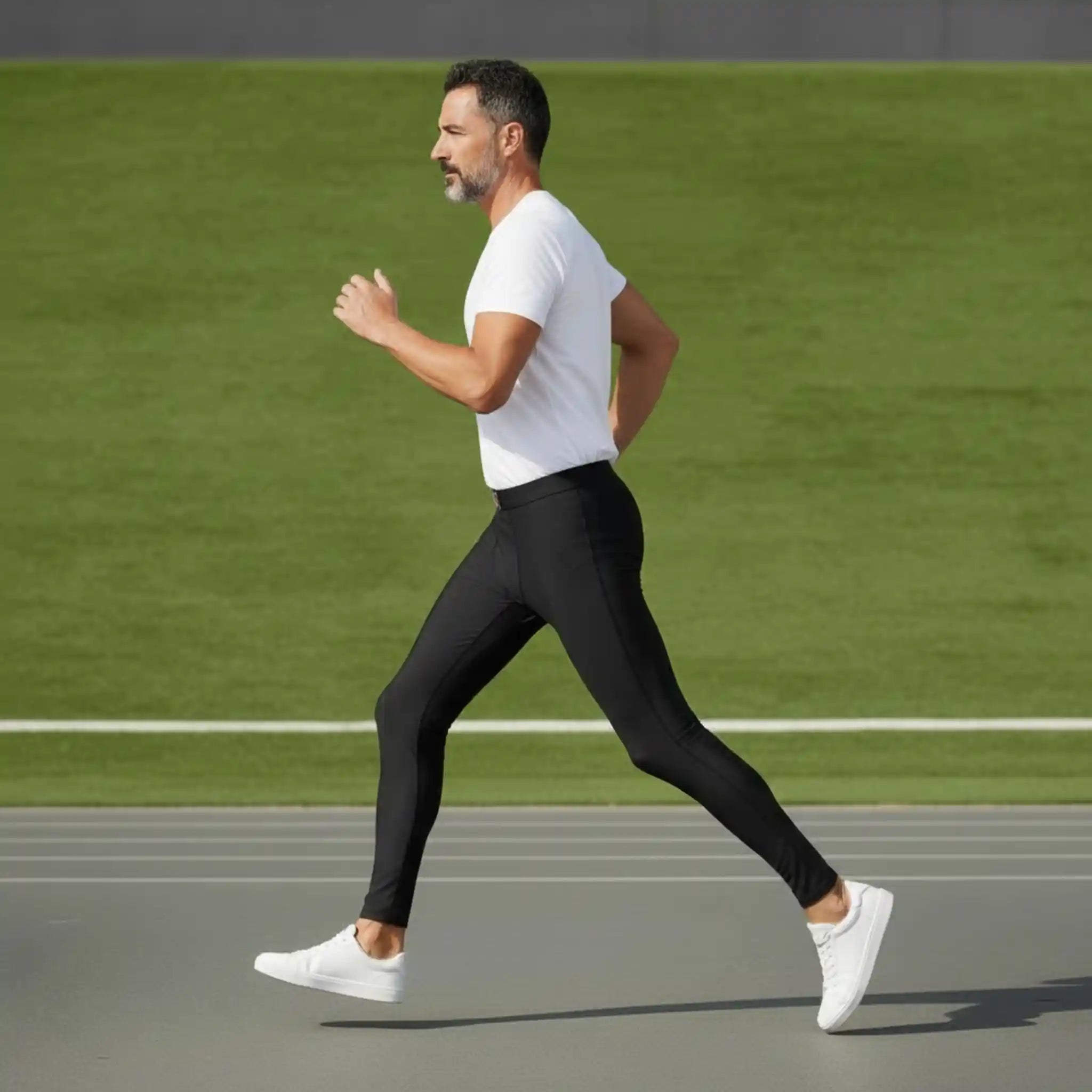 Man running on a track wearing a white t-shirt and onekeeper black leggings.