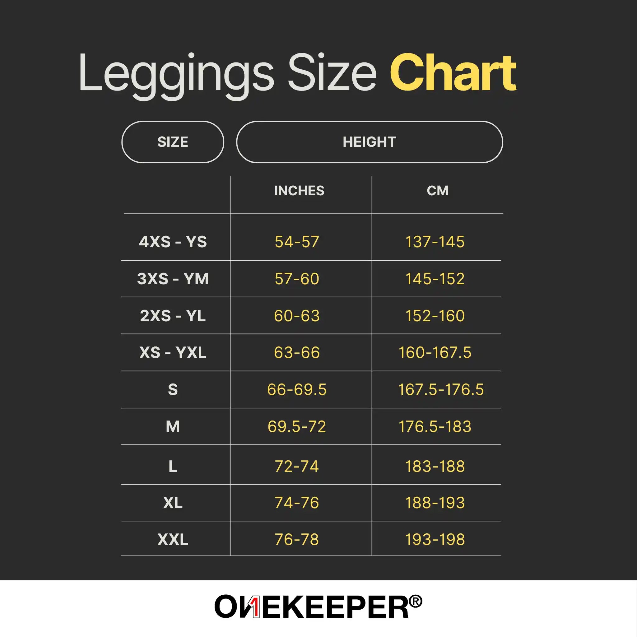 Leggings size chart with height measurements for different size categories on a black background, featuring the OneKeeper brand.