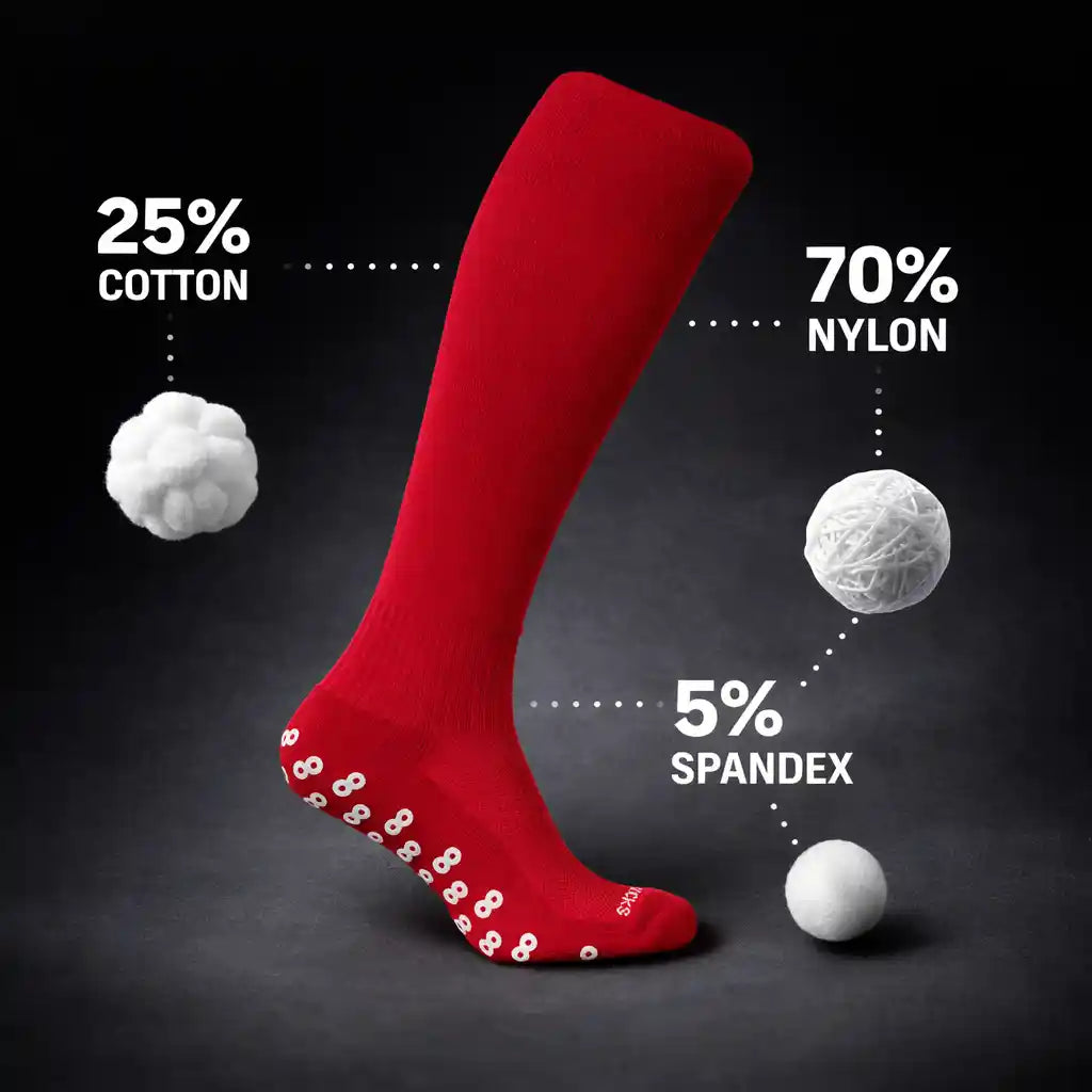 onekeeper long grip socks Red knee-high sock with成分分析 on a dark background