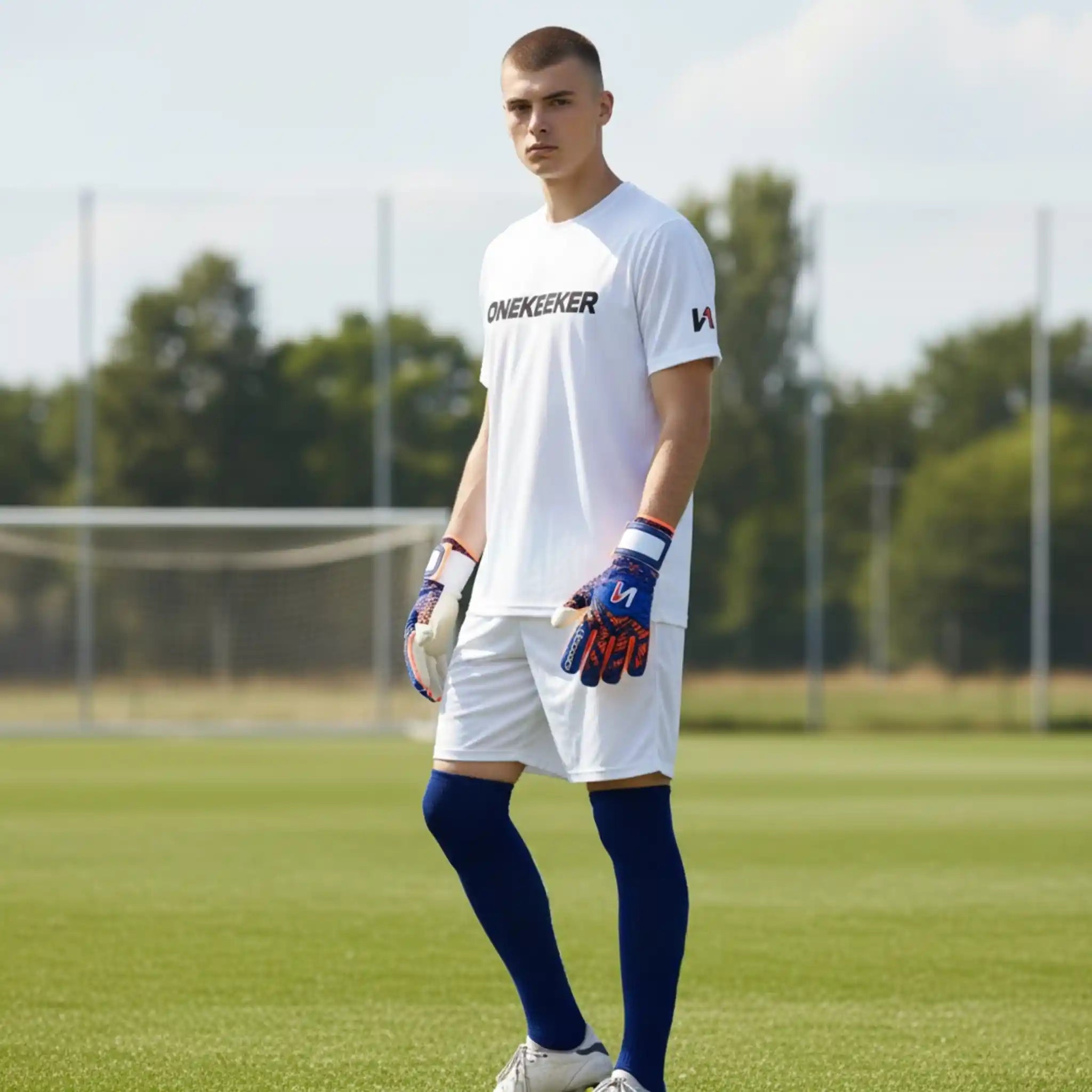 Person wearing a sports outfit with visible branding on a grassy field, wearing a white onekeeper long grip sock
