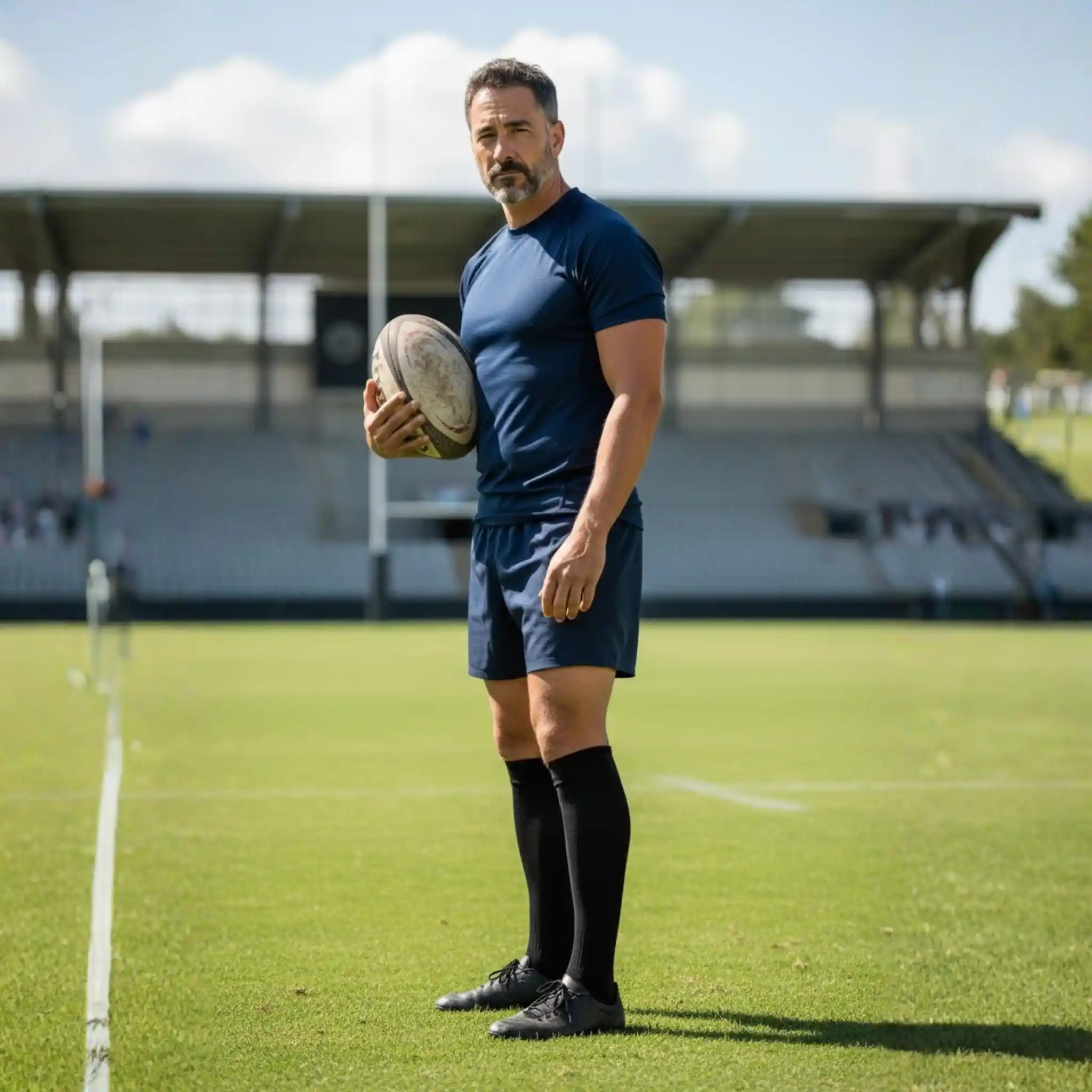 Man holding a rugby ball on a sports field, wearing a black onekeeper long grip sock