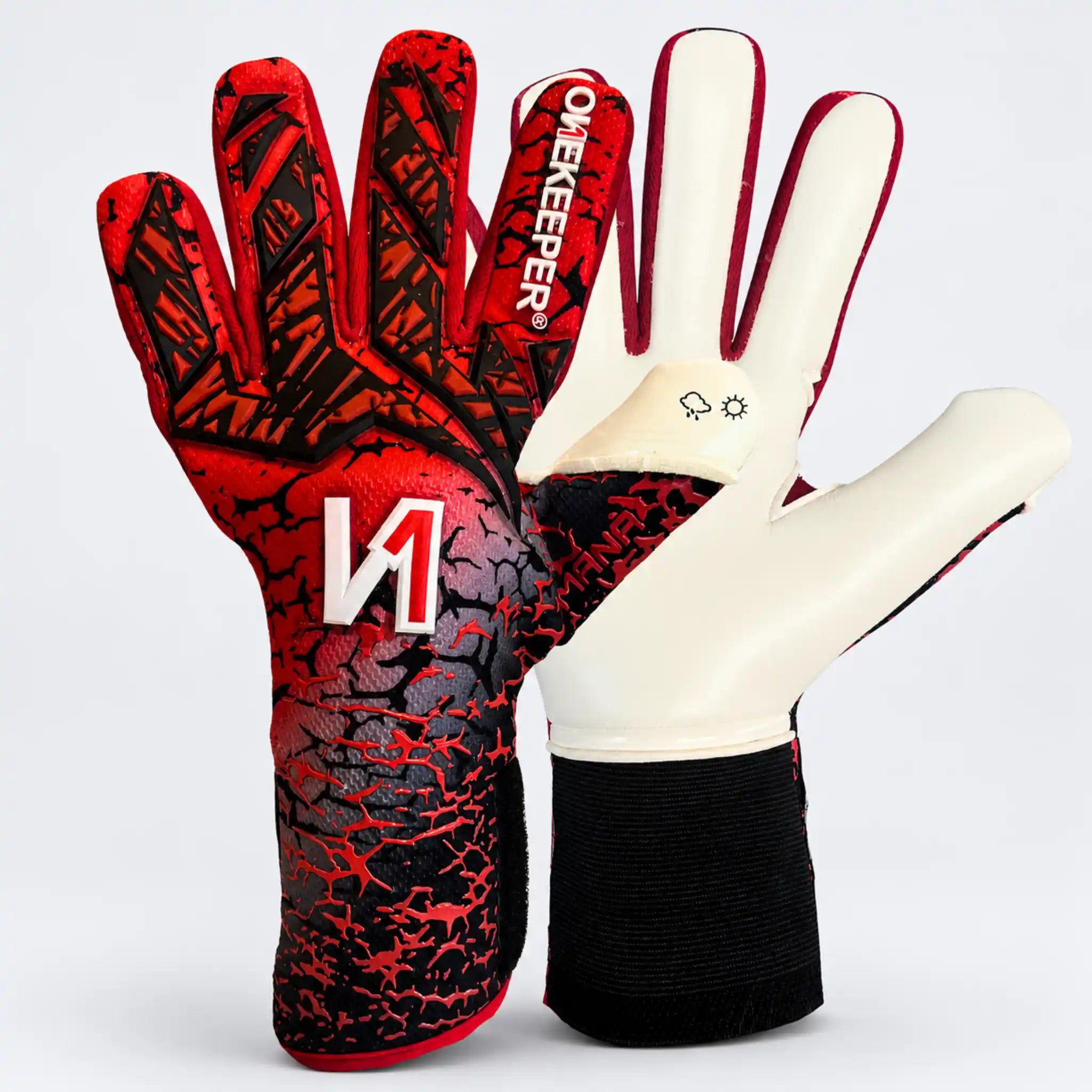 A pair of onekeeper mana red goalkeeper gloves shown against a light gray background, displaying both the backhand and palm views. The backhand is red with a black crackle pattern and a white 'N' logo, while the palm is off-white with red piping and a black wrist cuff.