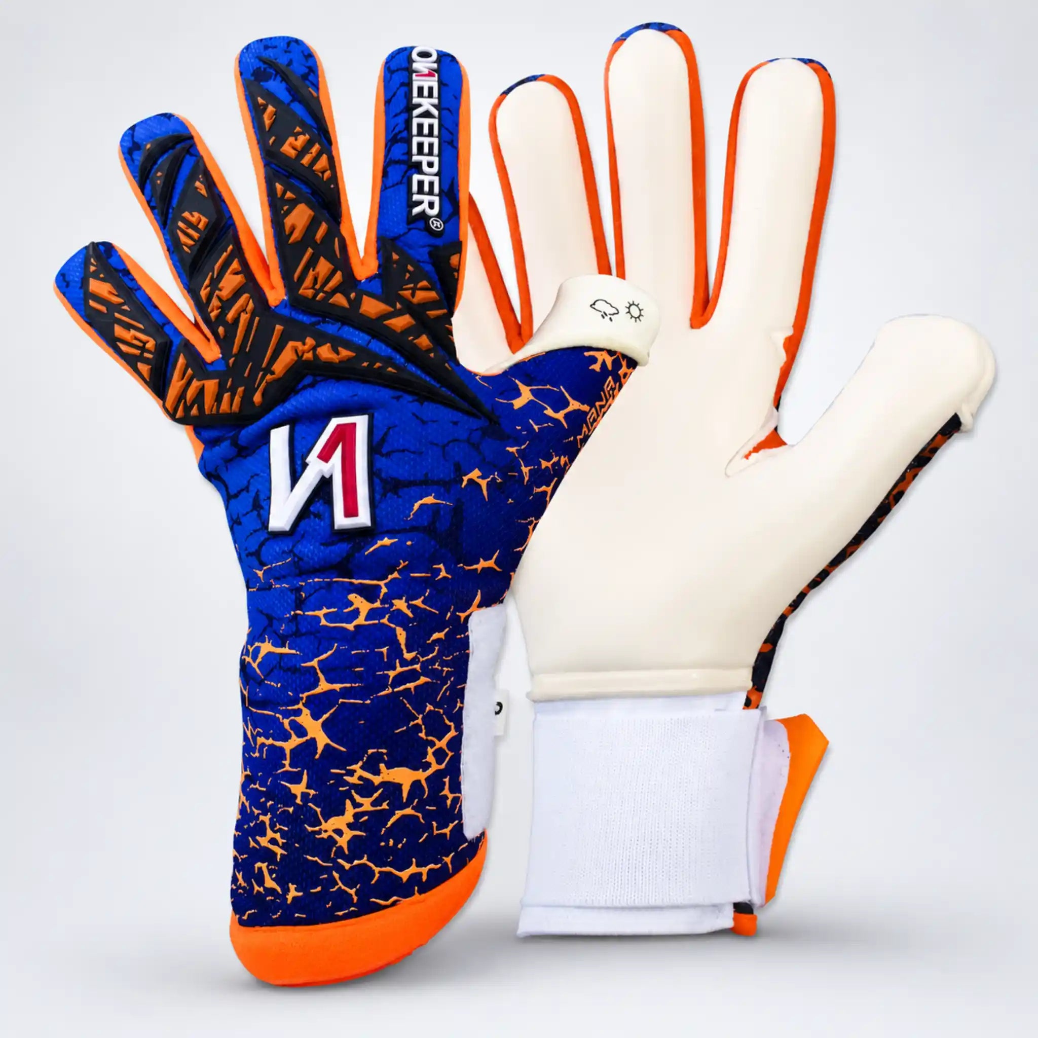 A pair of onekeeper manage blue and orange goalkeeper gloves shown against a light gray background, with one glove displaying the blue and orange patterned backhand and the other showing the white padded palm side.