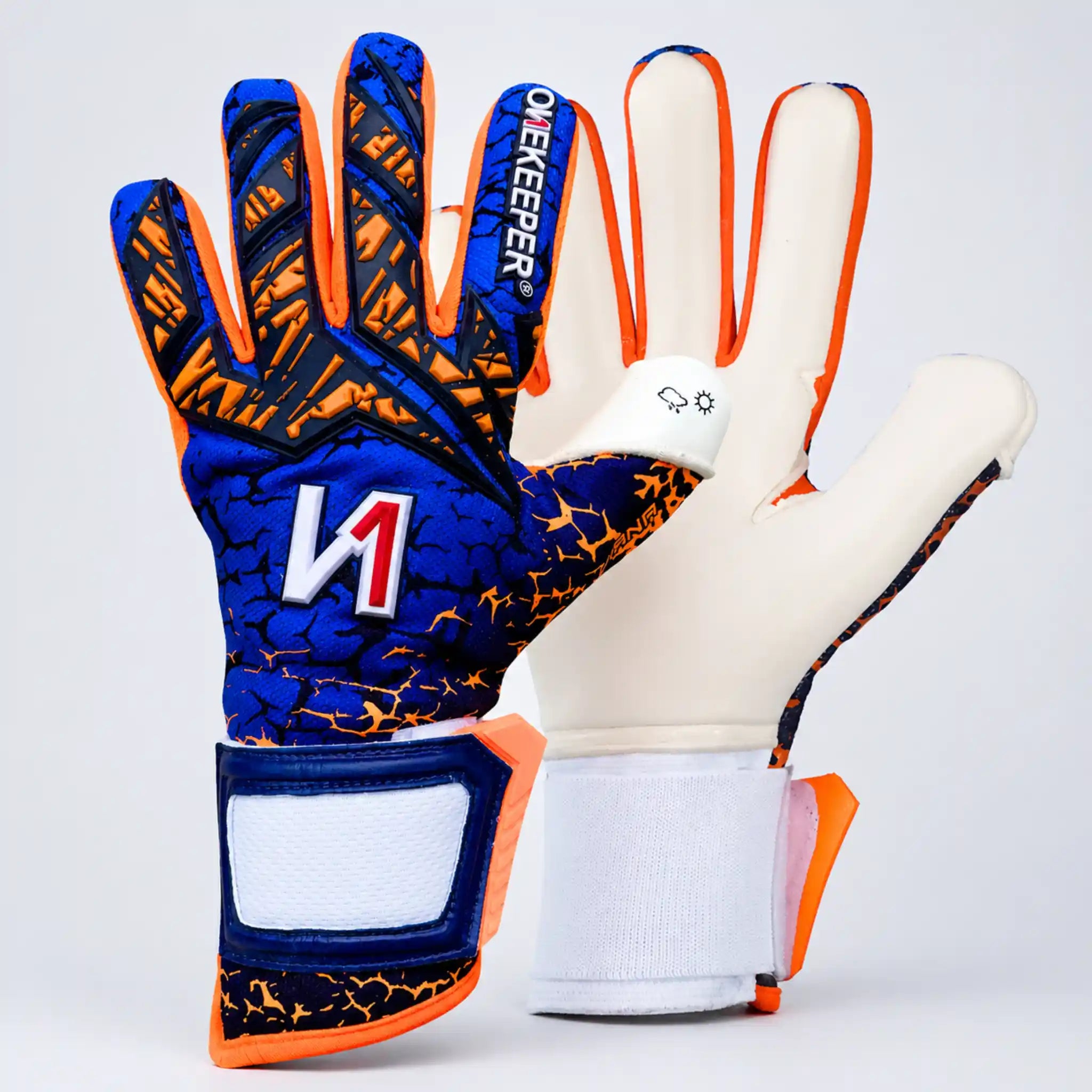 Two onekeeper mana goalkeeper gloves, one blue and orange patterned, the other white with orange accents, on a light gray background.