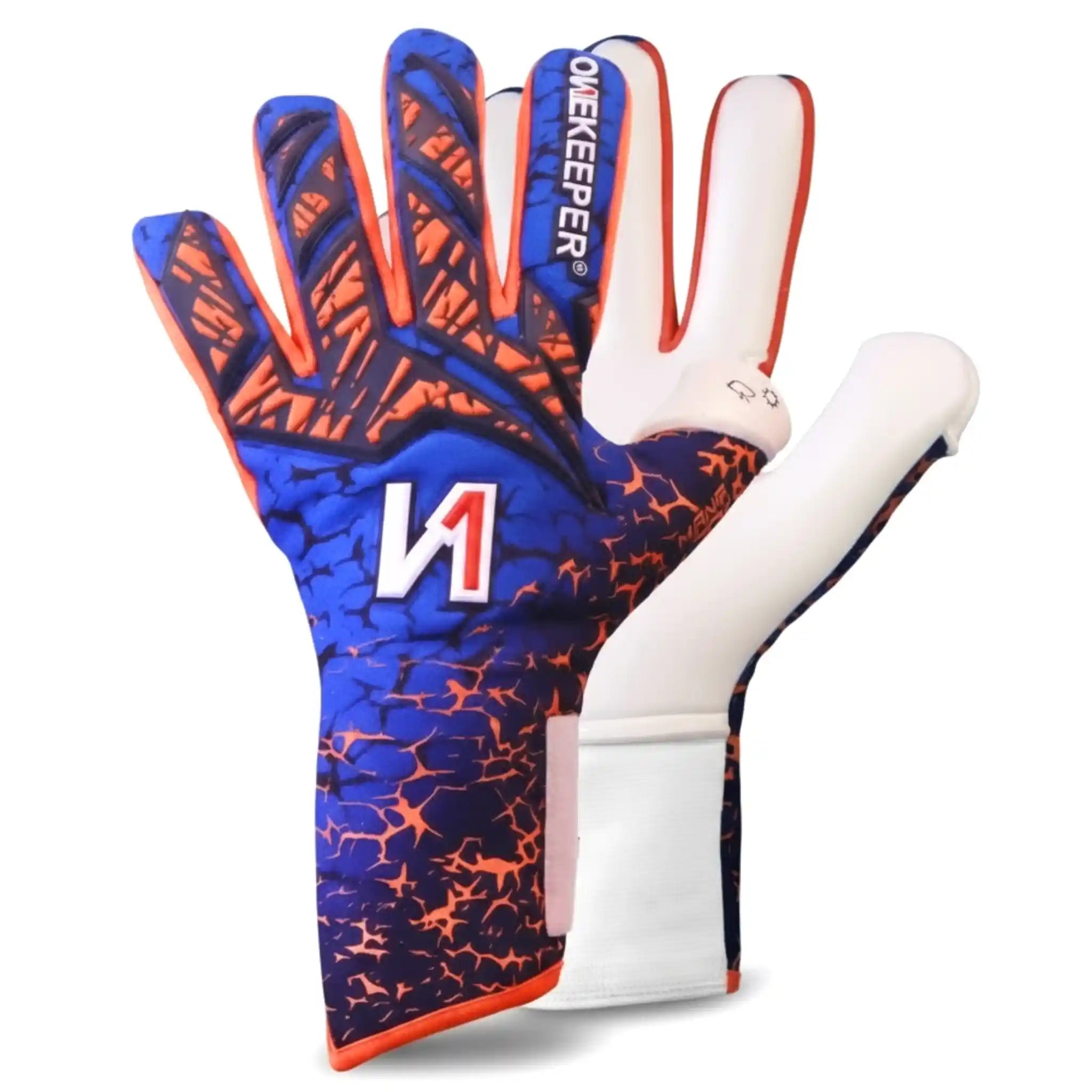 onekeeper Mana Blue and orange goalkeeper glove with white accents on a white background