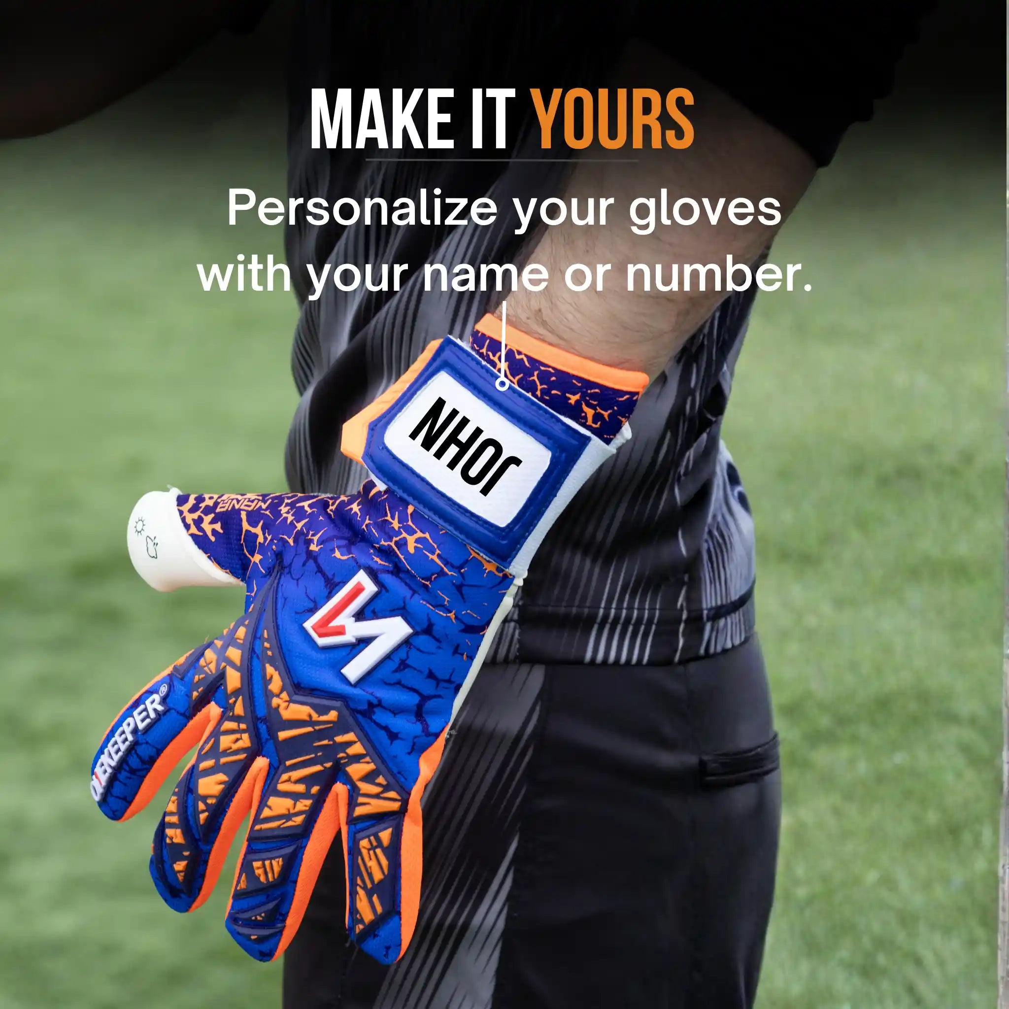 Person wearing personalized onekeeper mana gloves with name tag on grass background