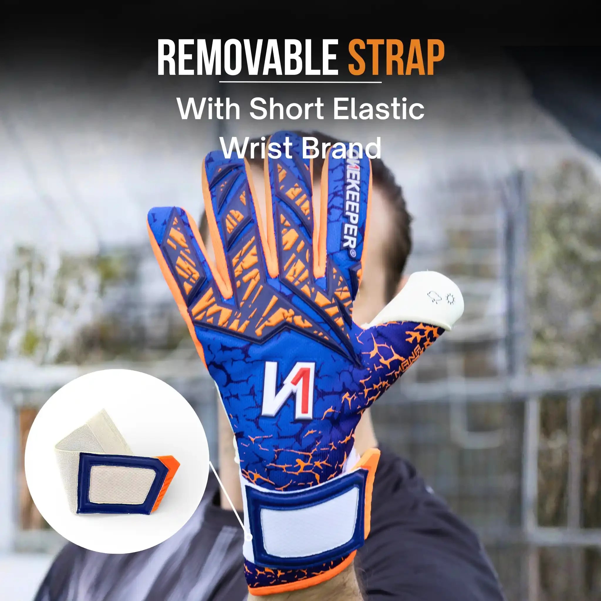 Oneeeker manage Blue and orange goalkeeper glove with removable elastic strap and wristband detail