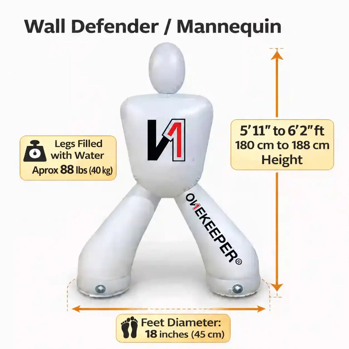 A onekeeper White inflatable wall defender mannequin with printed logo, shown with measurement callouts for height and feet diameter, plus text noting legs are filled with water and weight around 88 lbs.
