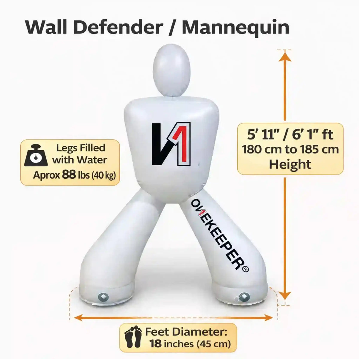 Inflatable Goalkeeper Mannequin – Adjustable 5' 11'' to 6' 1'' ft Training Wall Defender