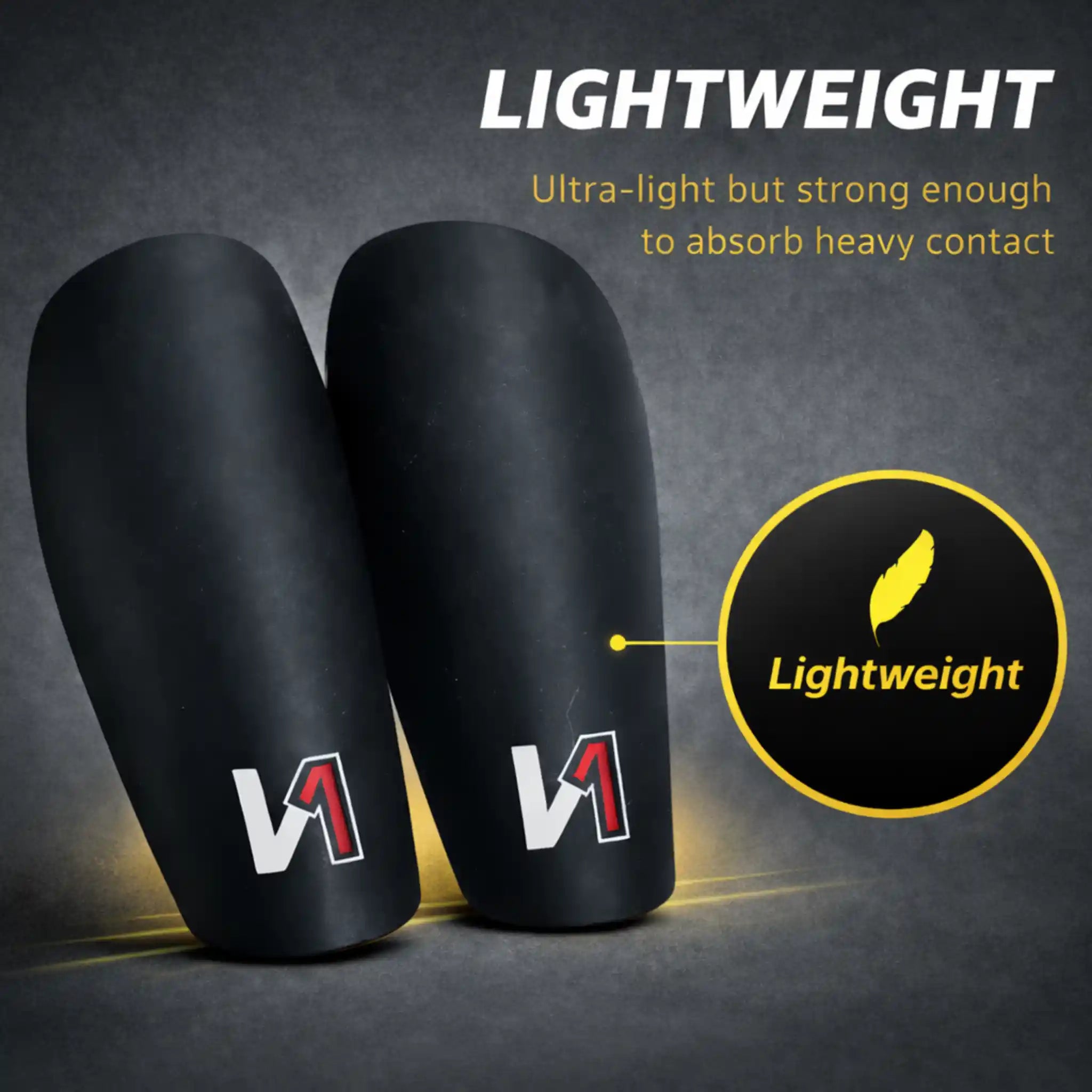 ONEKEEPER Black shin guards with a brand logo on a dark background, highlighting their lightweight feature.