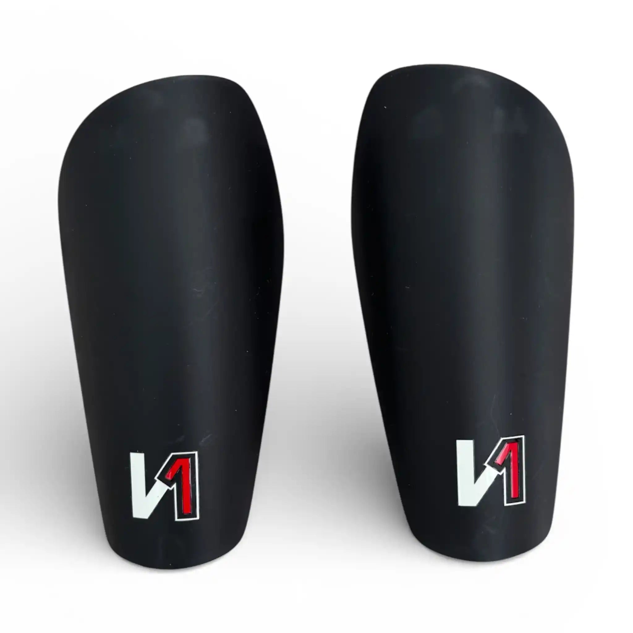 Pair of black ONEKEEPER shin guards with a logo on a white background