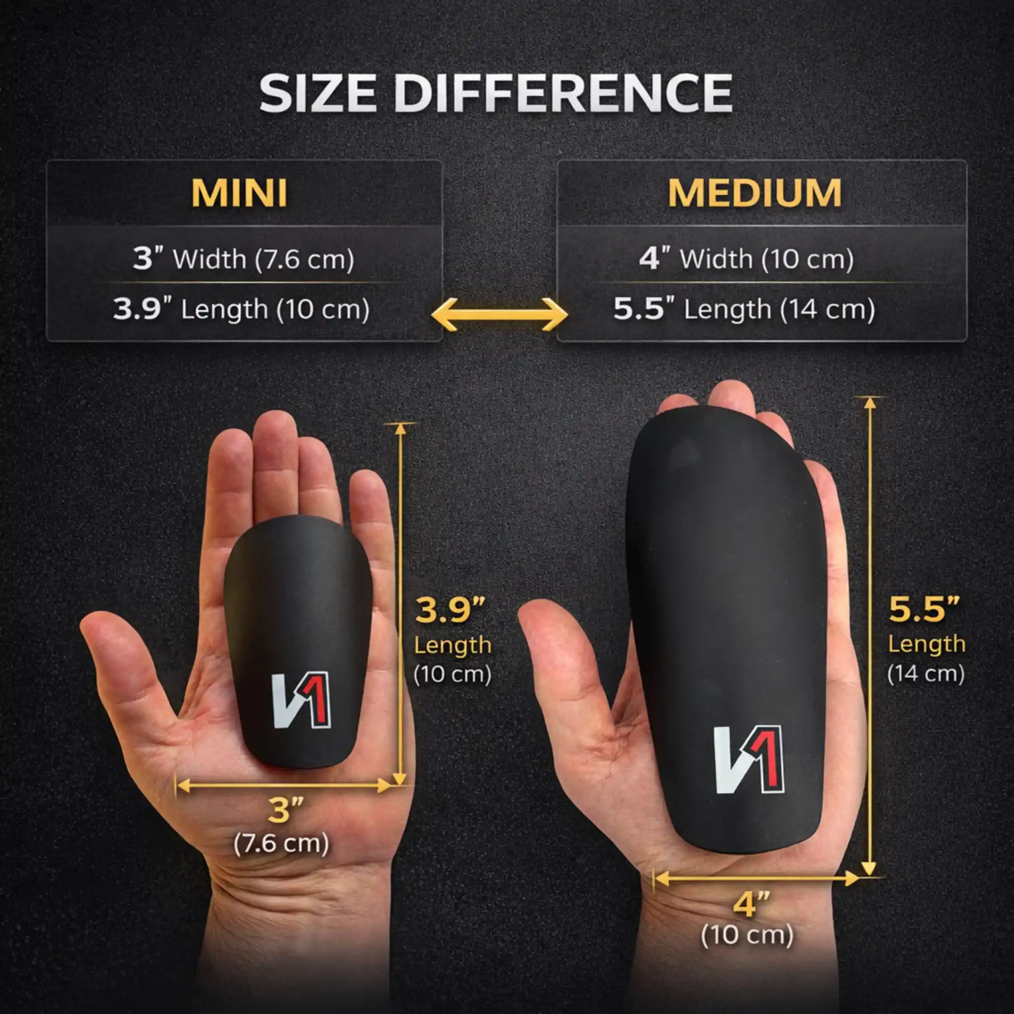 Comparison of a onekeeper Mini and Medium shin guard sizes on a dark background with measurements.