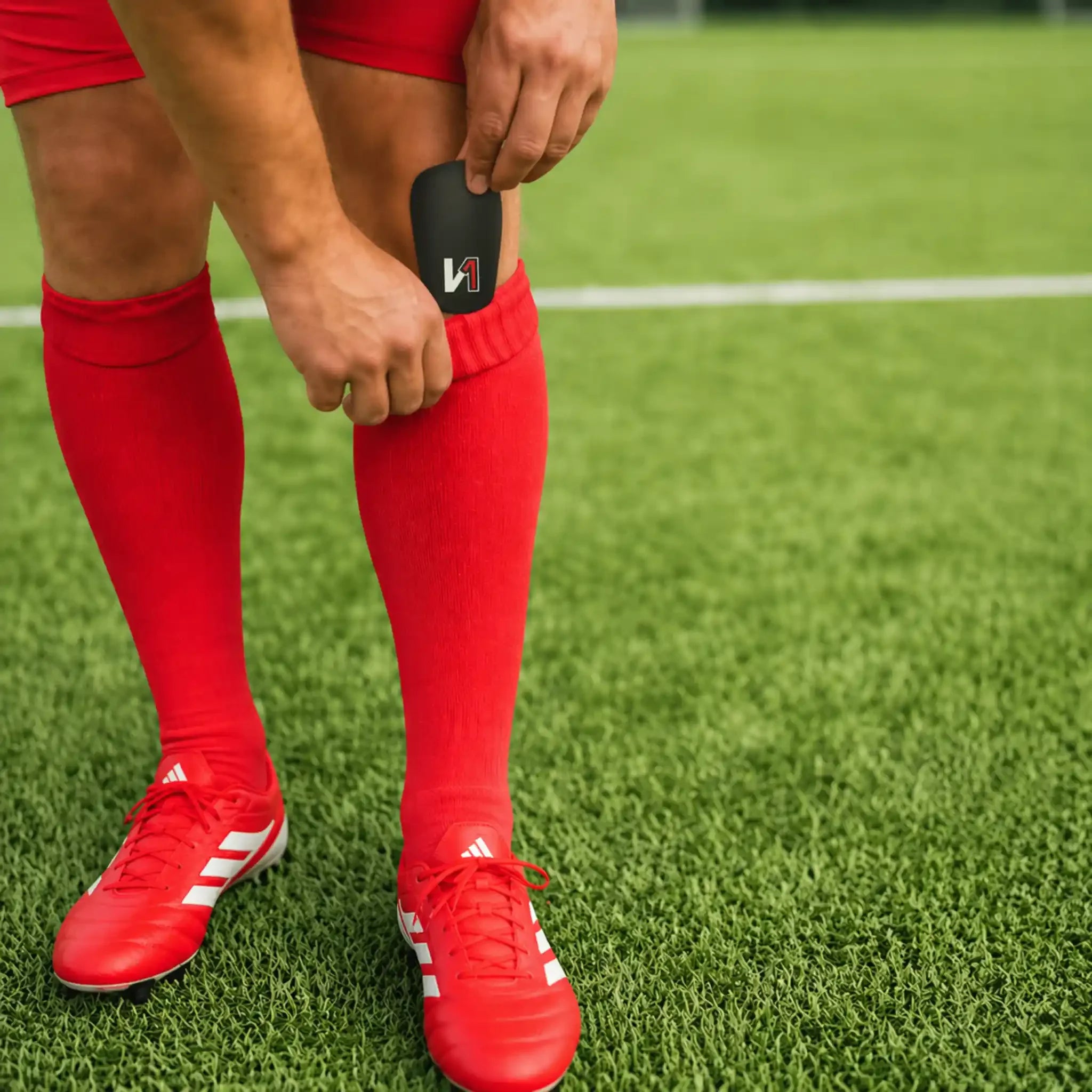 Soccer player adjusting black mini shin guard on leg, wearing red socks and cleats on turf