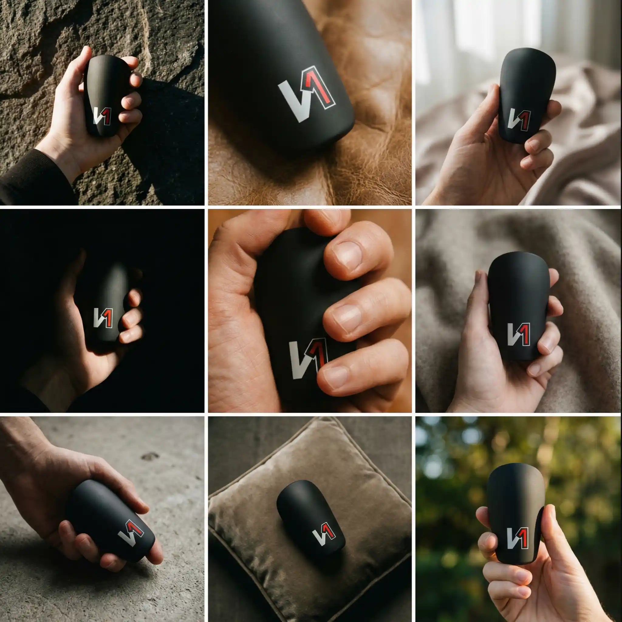 Collage of a black onekeeper mini shin guards with a logo held by different people in various settings.