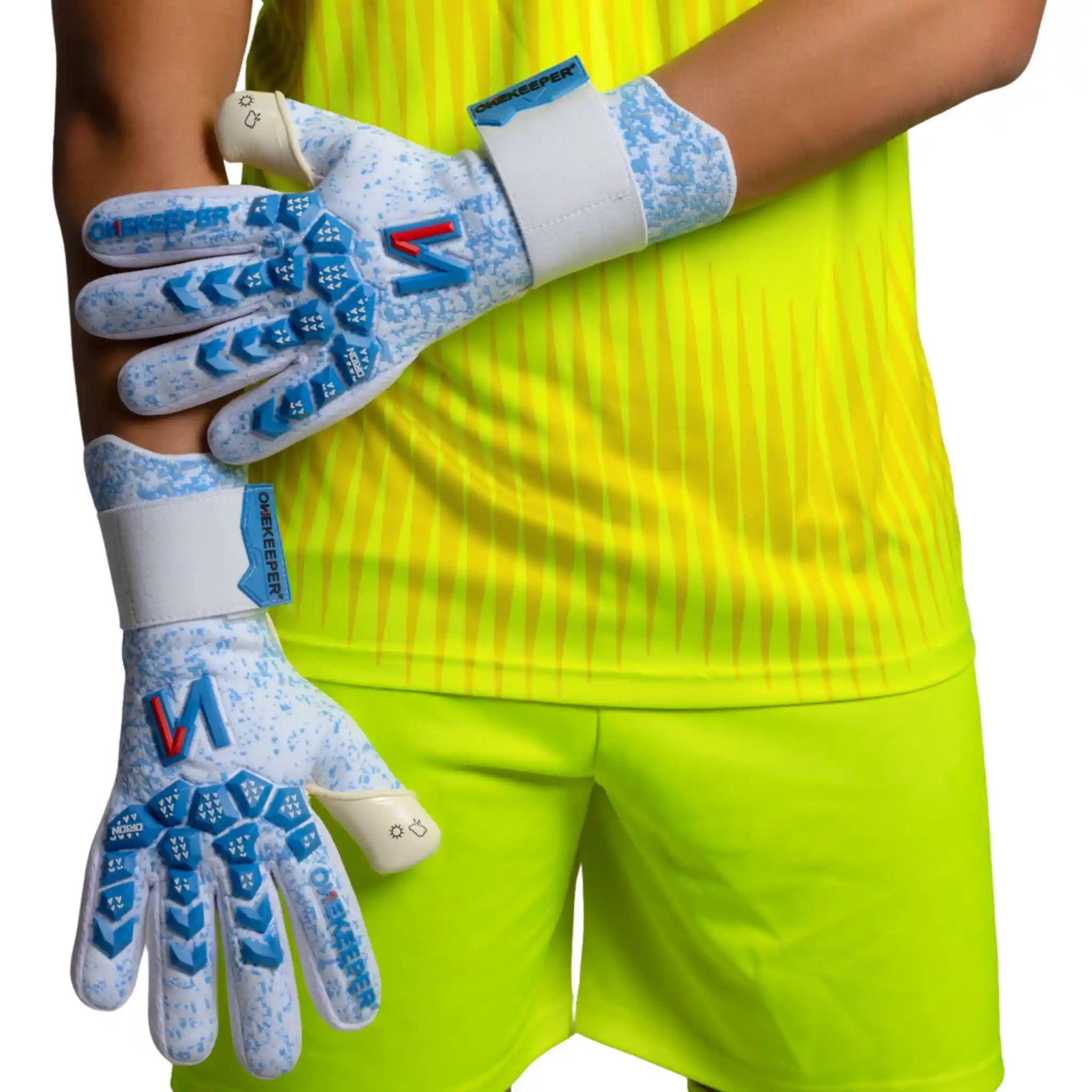 ONEKEEPER Orion Blue & White - Removable Strap - Negative Cut Pro-Level Goalkeeper Gloves for Juniors, Youth and Adults - ONEKEEPER USA