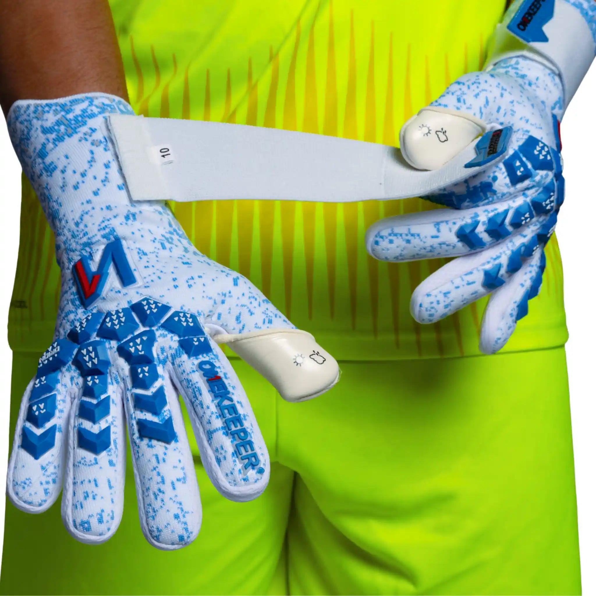 ONEKEEPER Orion Blue & White - Removable Strap - Negative Cut Pro-Level Goalkeeper Gloves for Juniors, Youth and Adults - ONEKEEPER USA