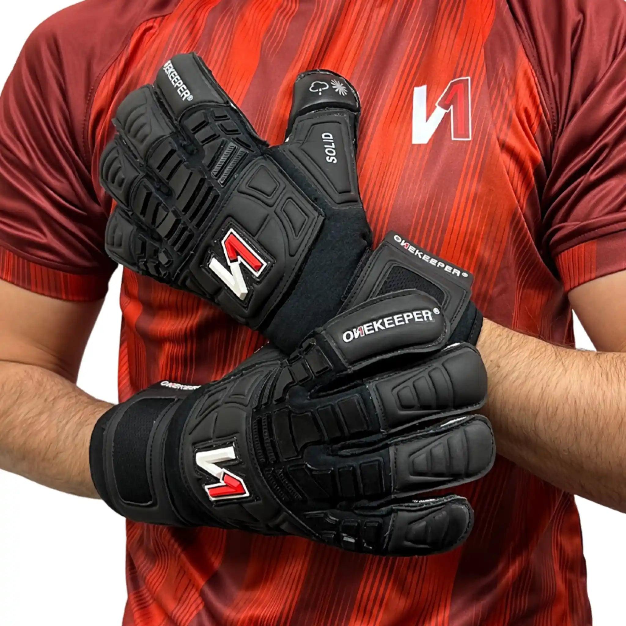 ONEKEEPER Solid Black Hybrid Cut Pro-Level Goalkeeper Gloves with Removable Finger-Save Spines (Spines Sold Separately) - ONEKEEPER USA
