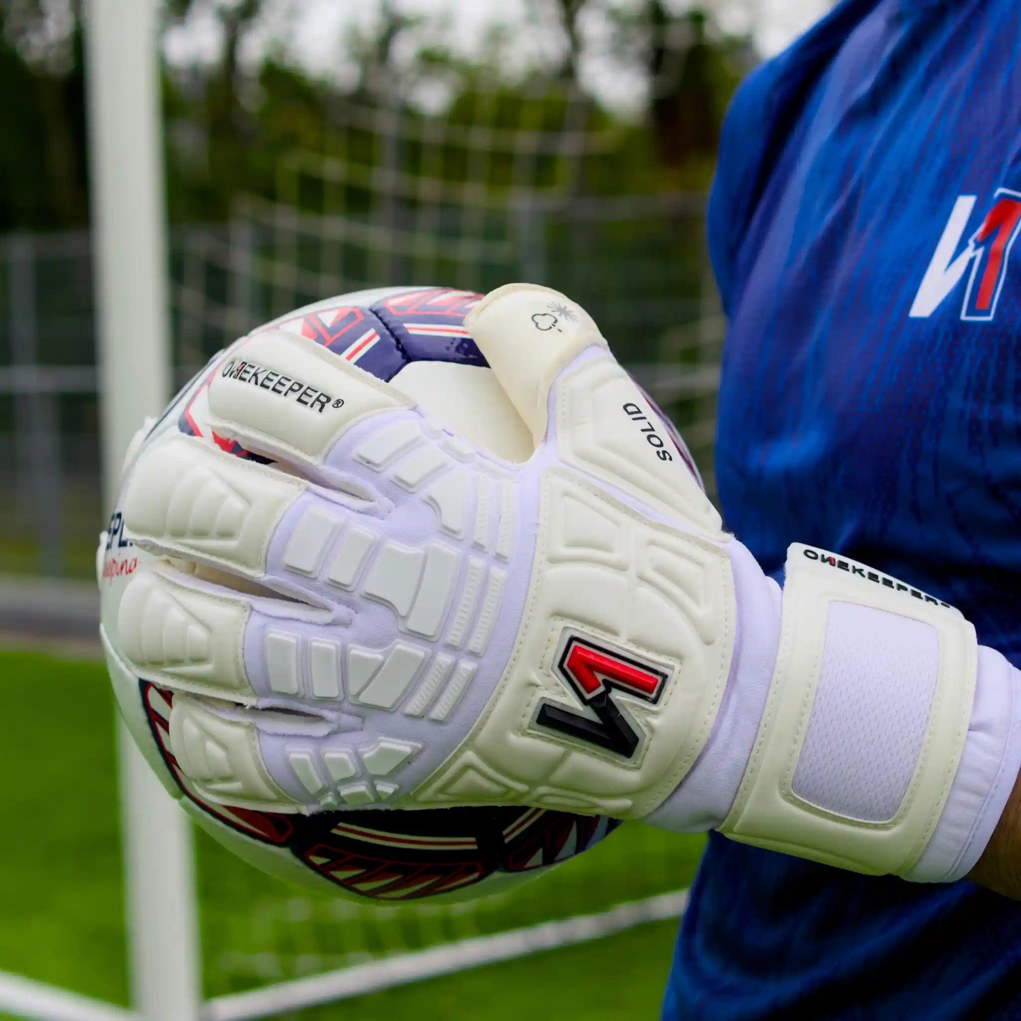 ONEKEEPER Solid White Hybrid Cut Pro-Level Goalkeeper Gloves with Removable Finger-Save Spines (Spines Not Included) - ONEKEEPER USA