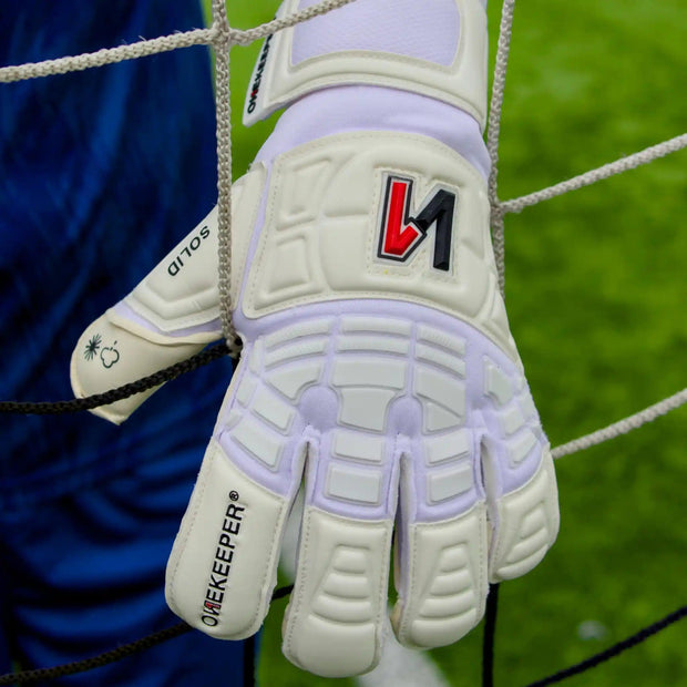 ONEKEEPER Solid White Hybrid Cut Pro-Level Goalkeeper Gloves with Removable Finger-Save Spines (Spines Not Included) - ONEKEEPER USA