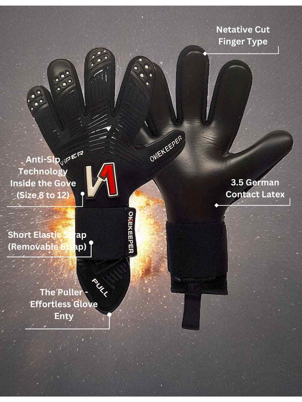 ONEKEEPER Viper Black - Strap or Strapless Negative Cut  Pro-Level Goalkeeper Gloves for Kids, Youth and Adults