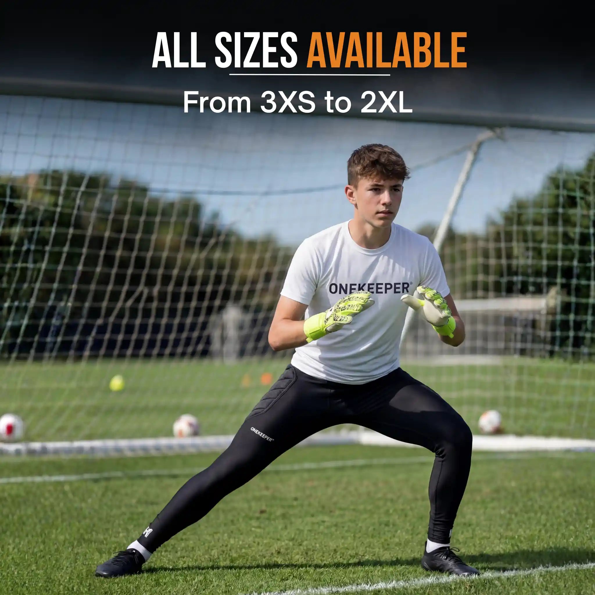 Person in soccer gear on a field with 'ONEKEEPER' branding, promotional text for size availability.