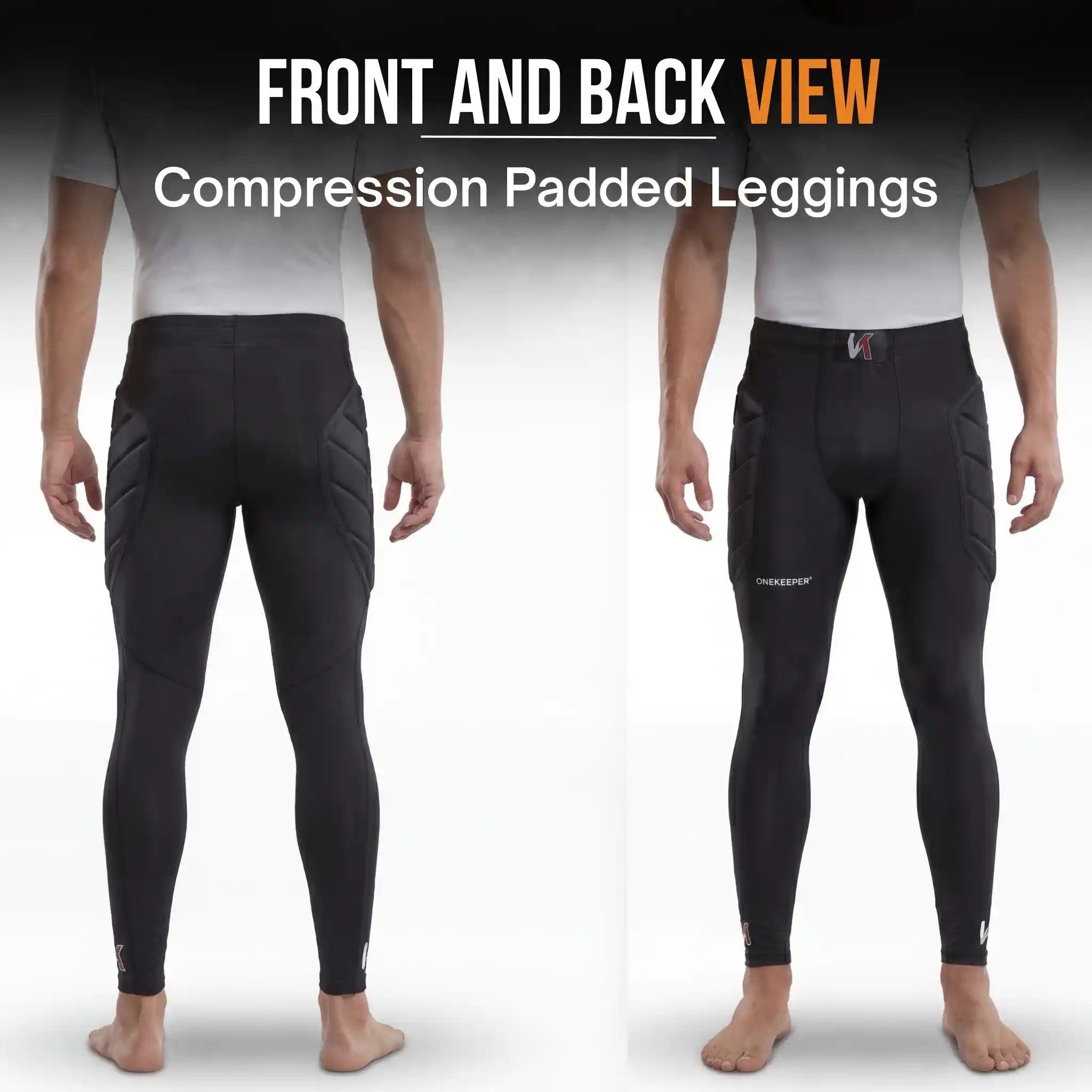 Compression padded leggings shown from front and back on a white background