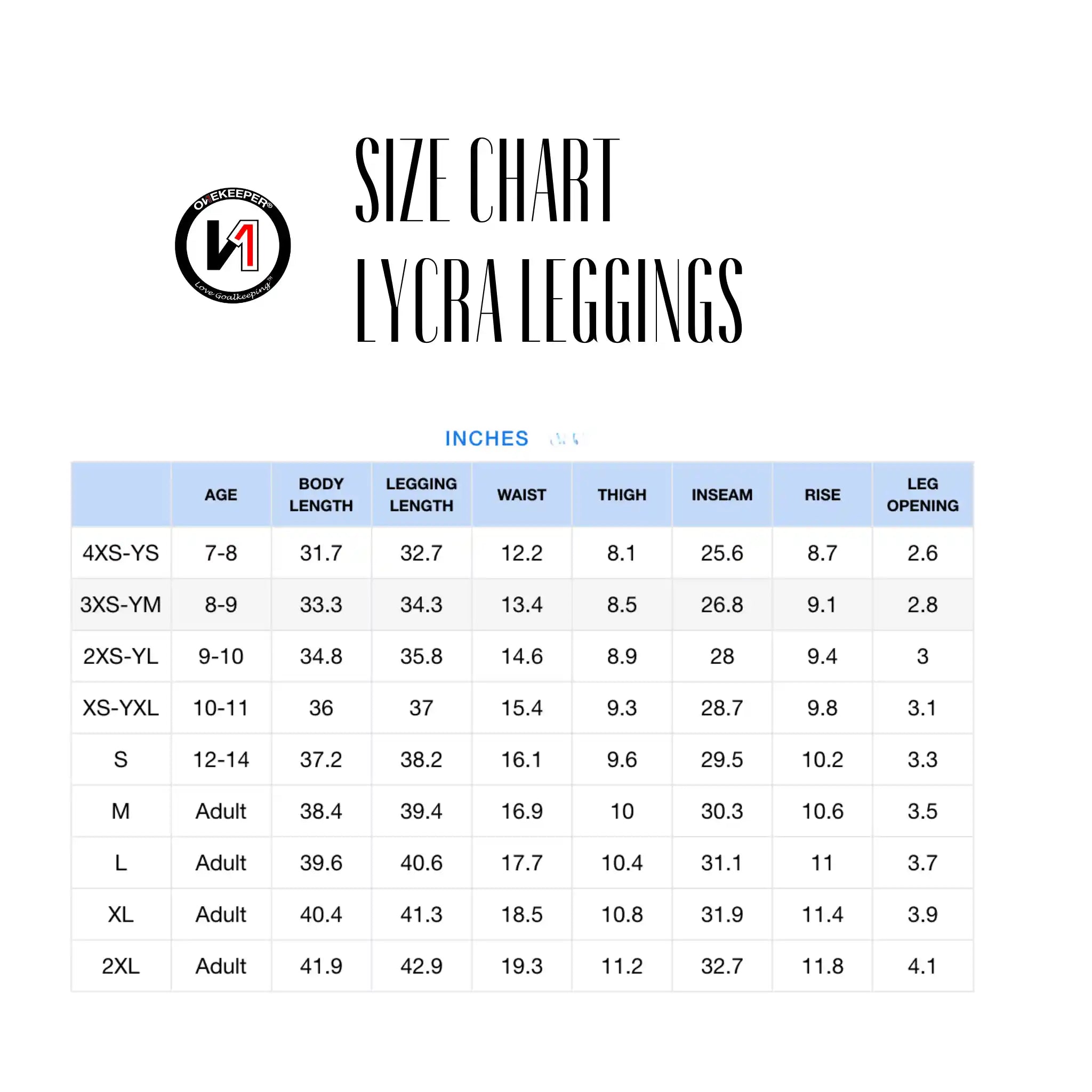 Size chart for lycra leggings with measurements in inches.