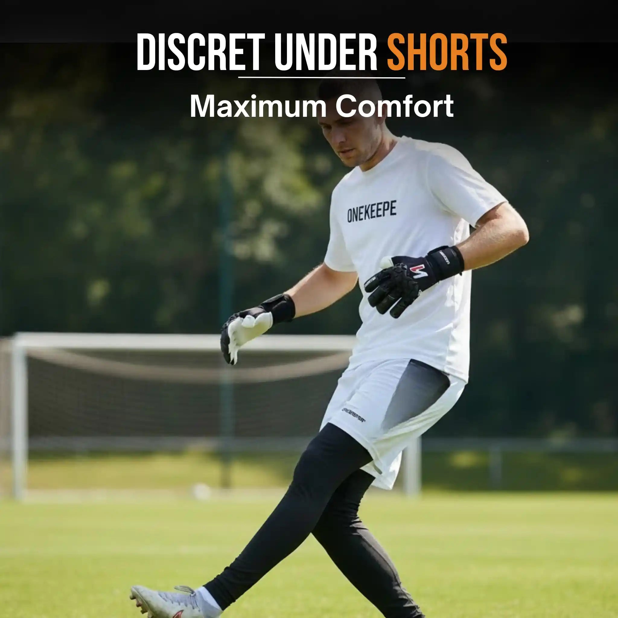 Person playing soccer on a field with 'Discret Under Shorts' text overlay