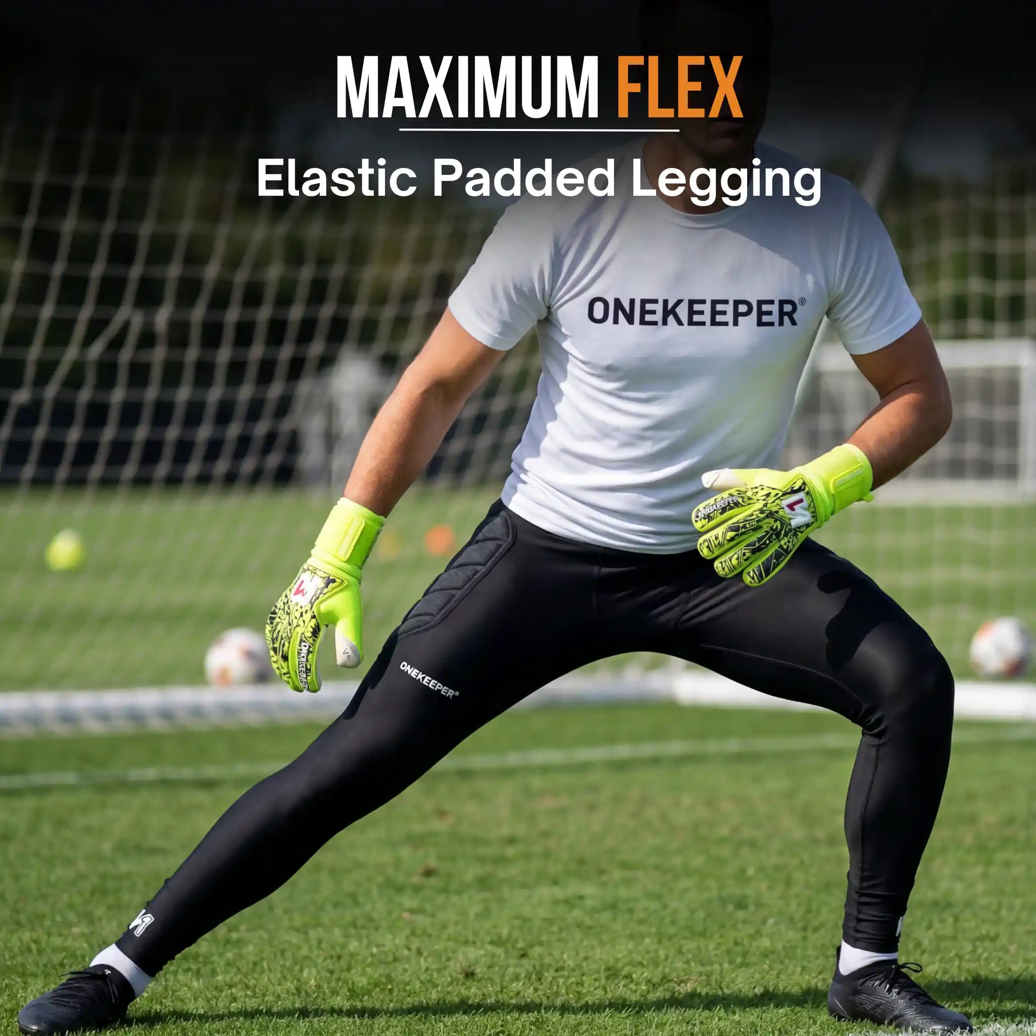 Person wearing ONEKEEPER Maximum Flex elastic padded legging on a soccer field.