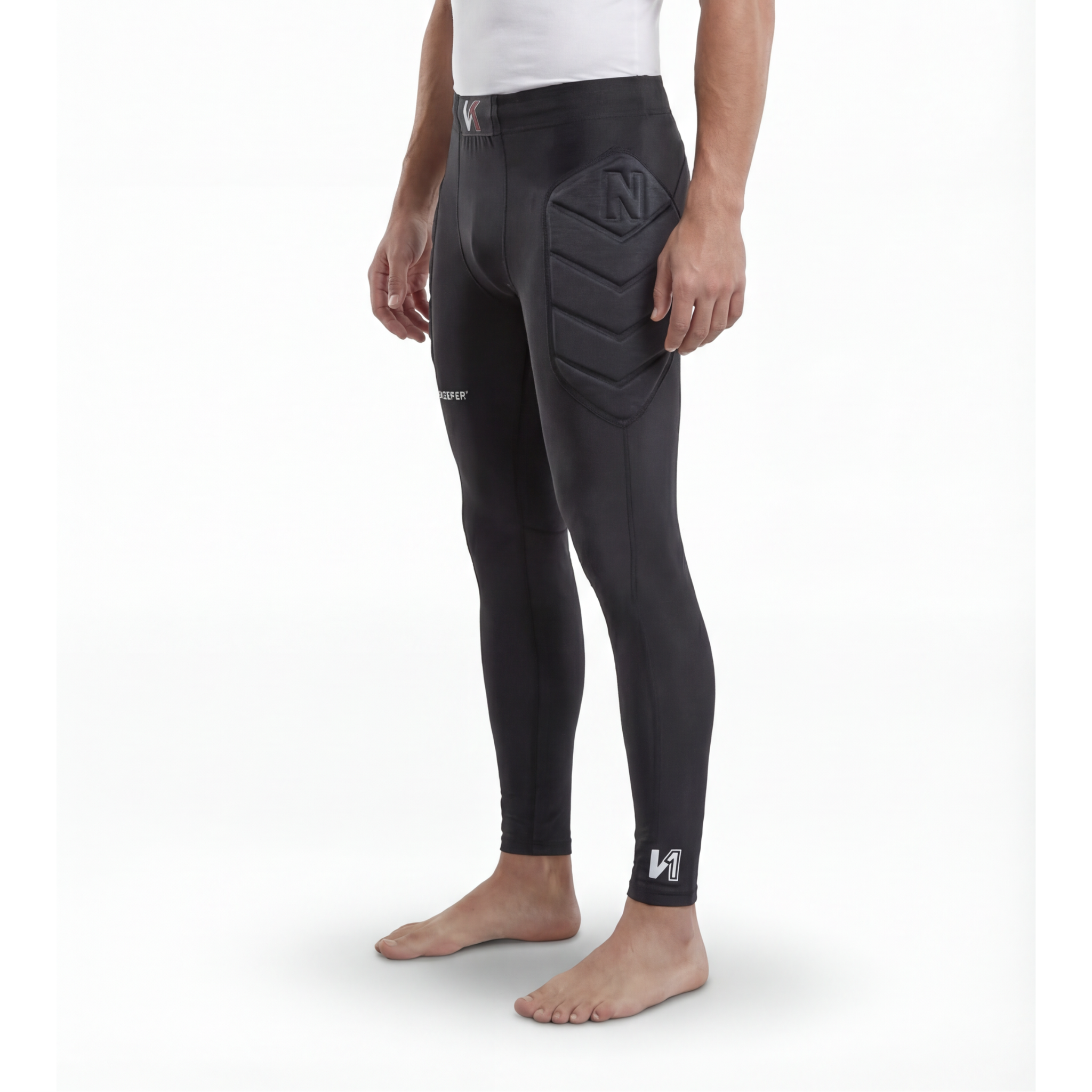 Person wearing black onekeeper protective pants with a brand logo on a white background