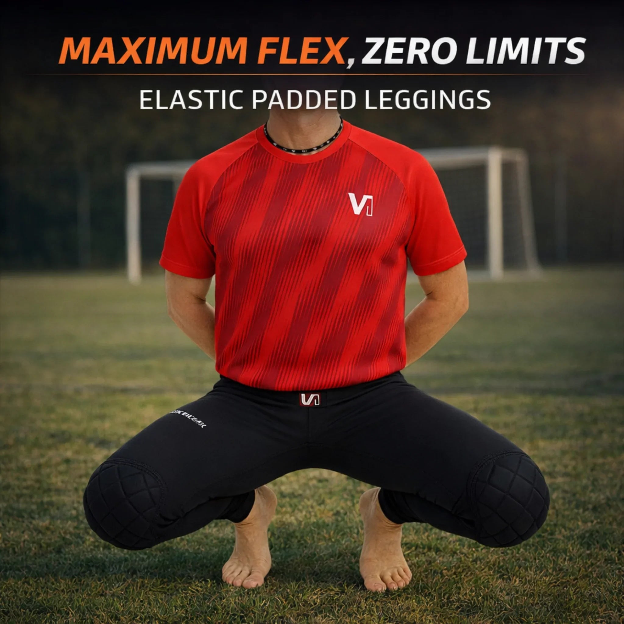 Person wearing red athletic shirt and black padded leggings on a grassy field with 'MAXIMUM FLEX, ZERO LIMITS' text.