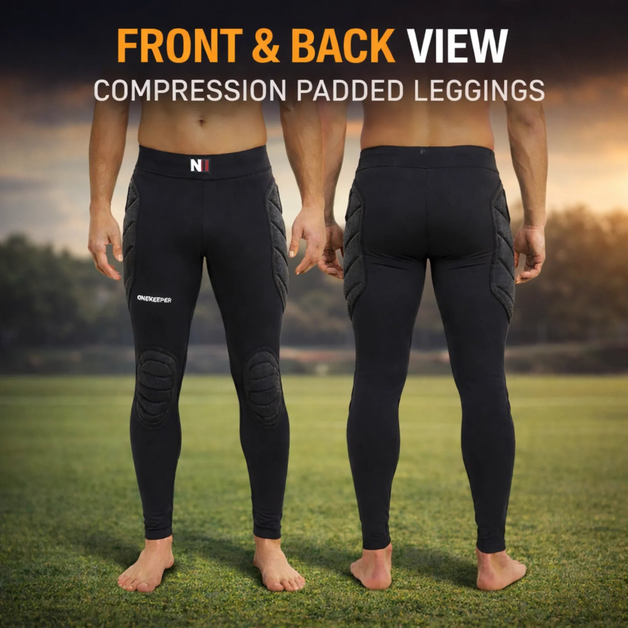 Front and back view of black ONEKEEPER compression padded leggings for men on grass field at sunset