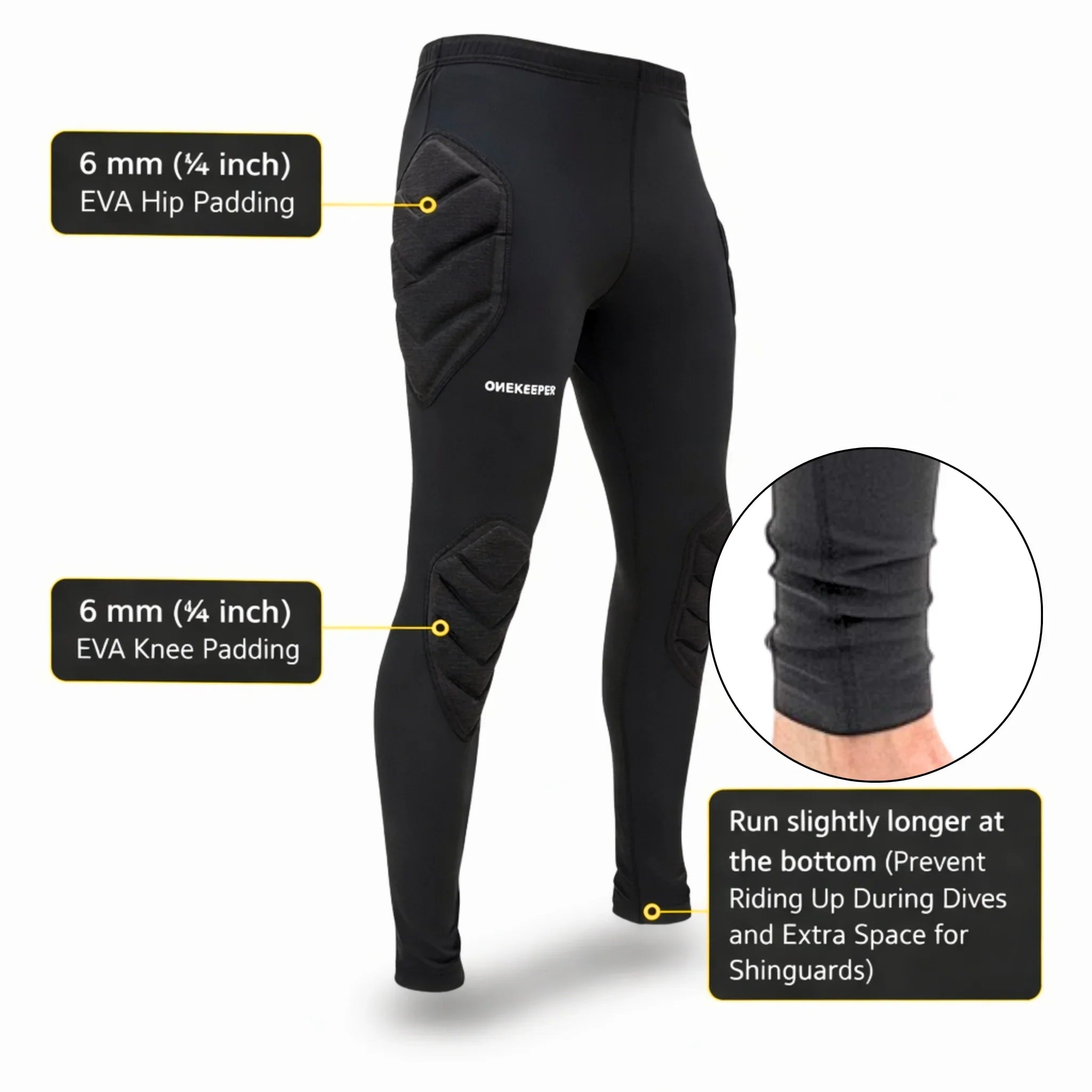 Black ONEKEEPER padded goalkeeper leggings with 6mm EVA hip and knee padding, extended bottom for shinguards