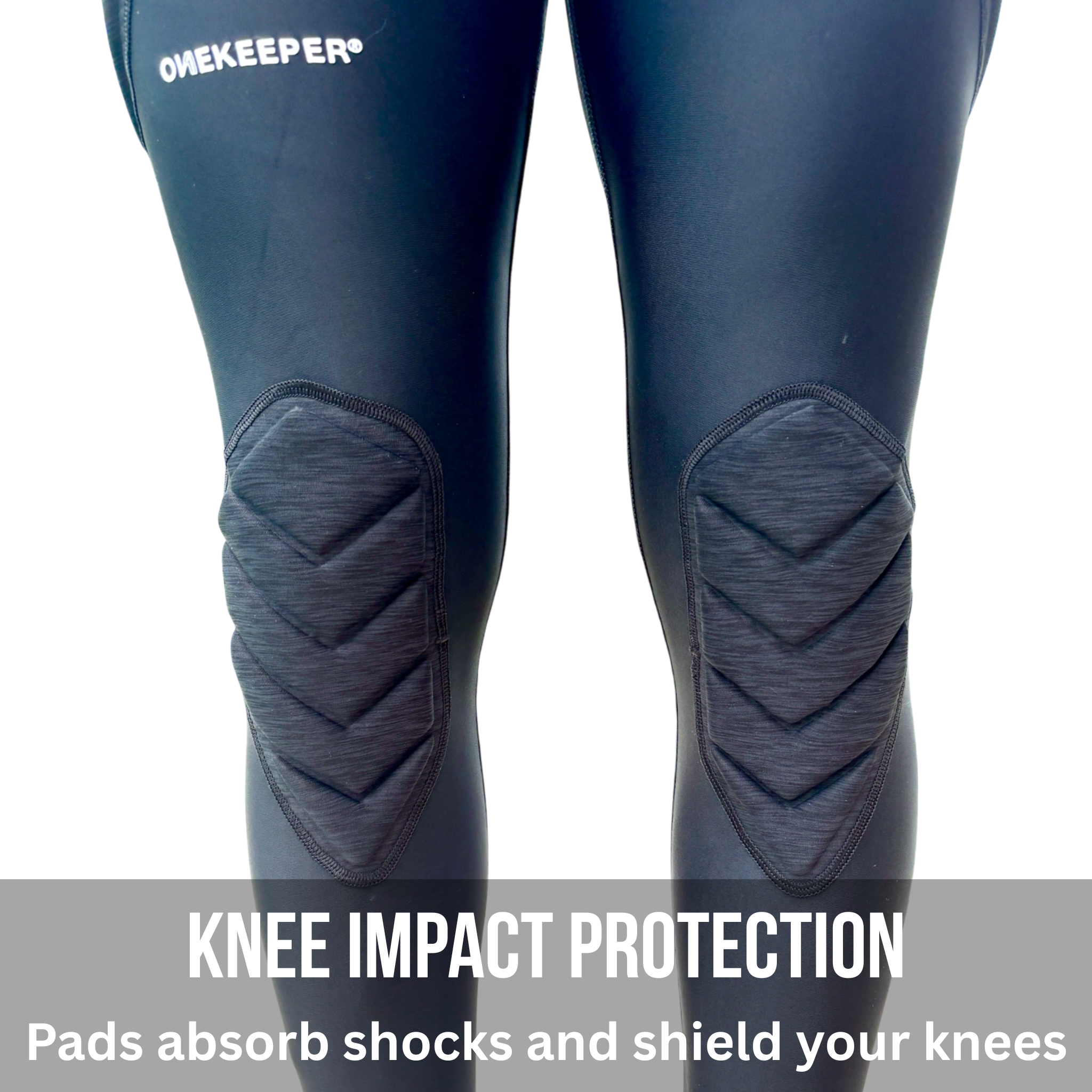 Black leggings with knee pads and 'ONEKEEPER' branding on a white background.
