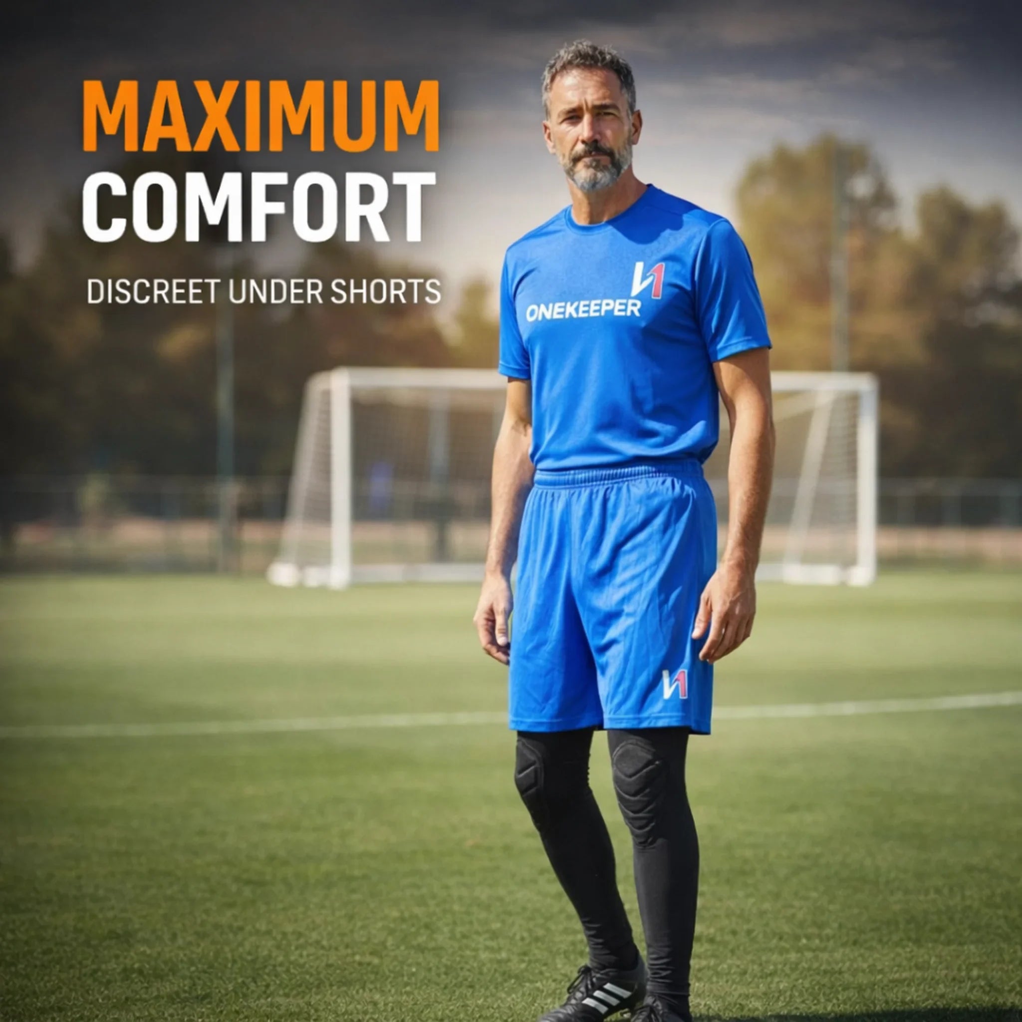 Man wearing a blue sports outfit with 'ONEKEEPER' branding on a soccer field, text 'MAXIMUM COMFORT DISCREET UNDER SHORTS' above.