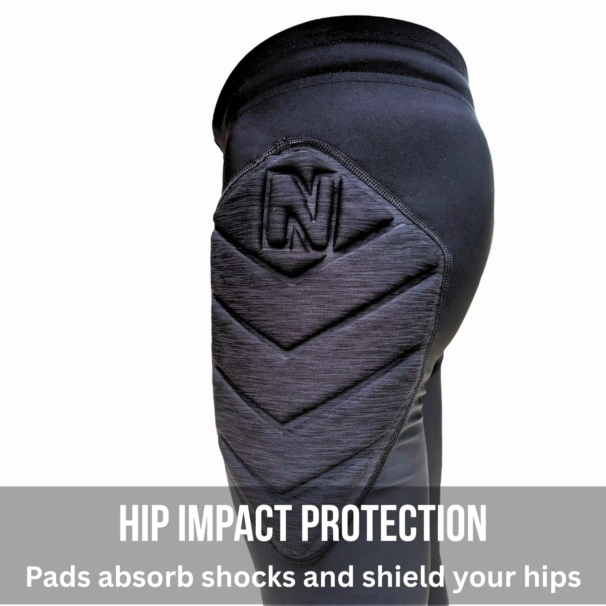 Black hip protection pad with brand logo on a white background