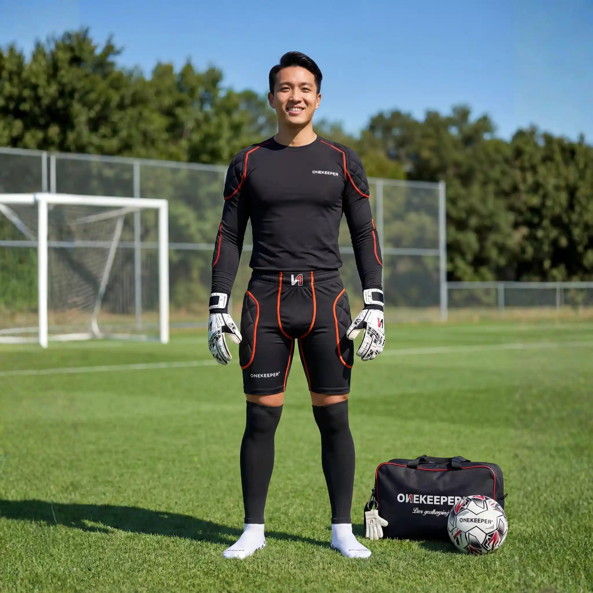 a goalkeeper wearing a complete ONEKEEPER set from padded shirt, gloves, padded shorts, calf sleeve, mid-calf grip socks, a bag, a key chain and a ball.