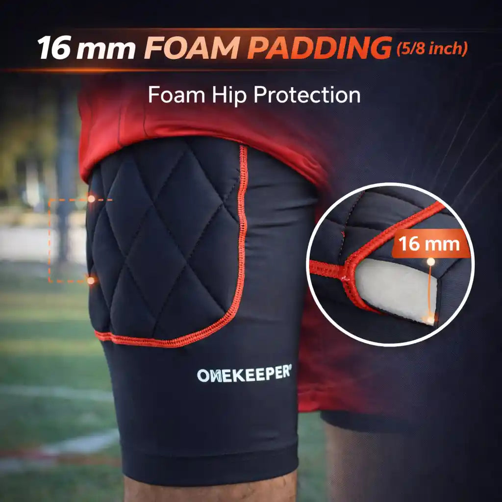 Black athletic onekeeper padded shorts with foam padding and 'ONEKEEPER' branding on a sports field background.