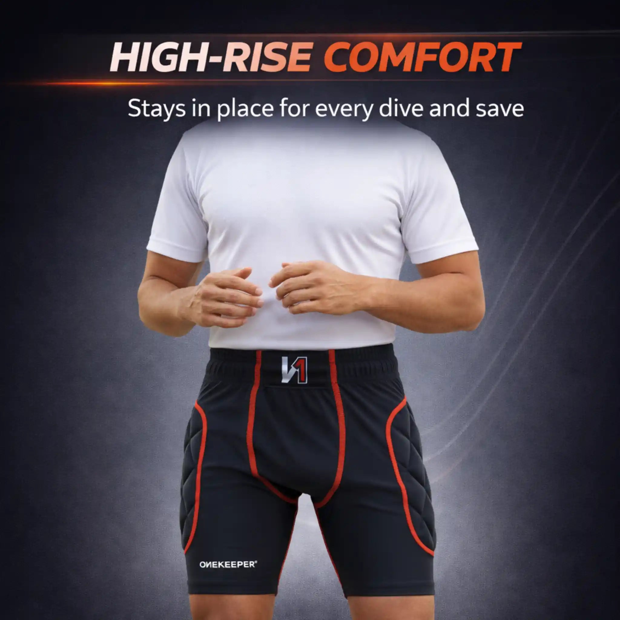 Person wearing black padded shorts with red accents and a white shirt on a dark background, with text about high-rise comfort.