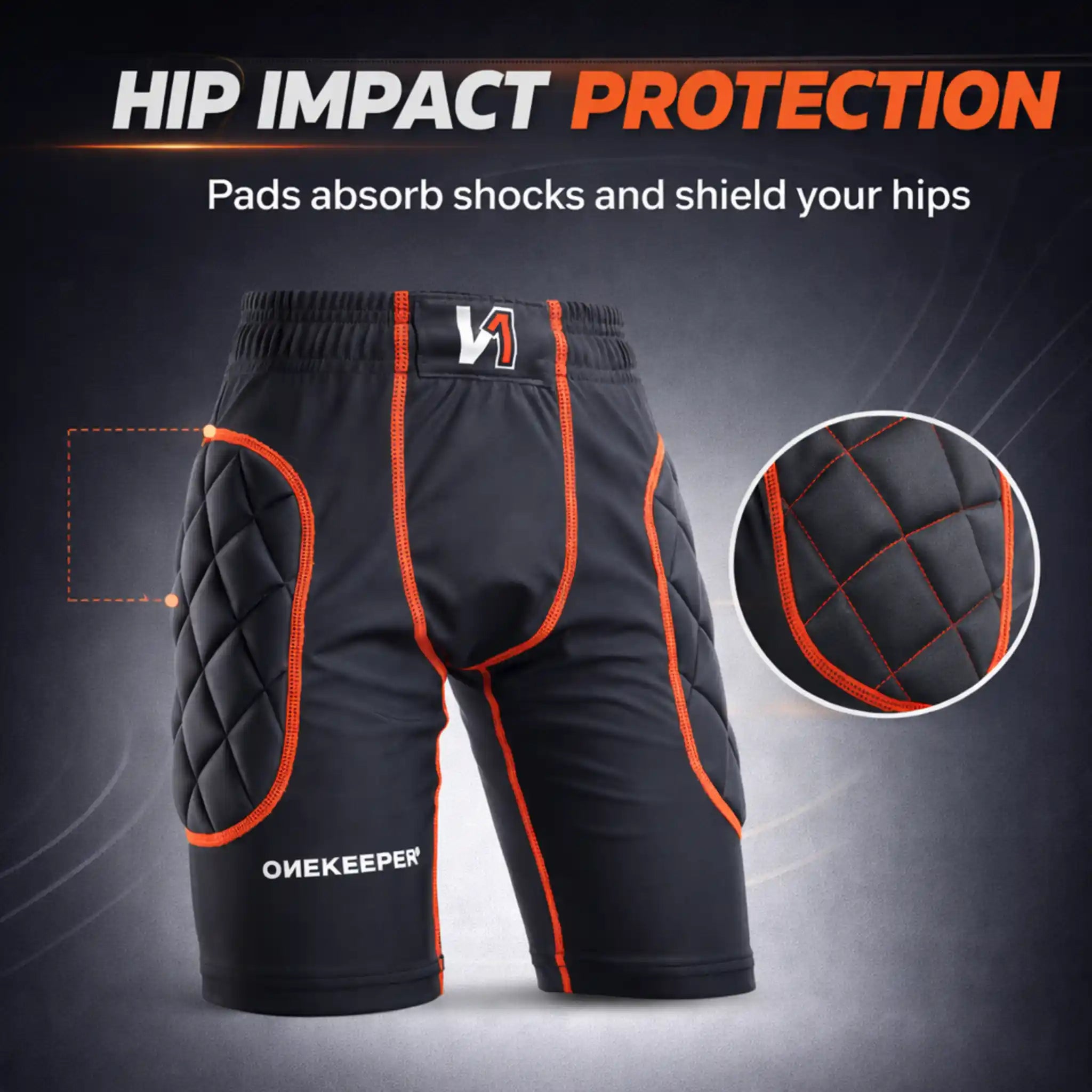 Black onekeeper protective shorts with orange accents and padding, featuring the brand 'ONEKEEPER'.