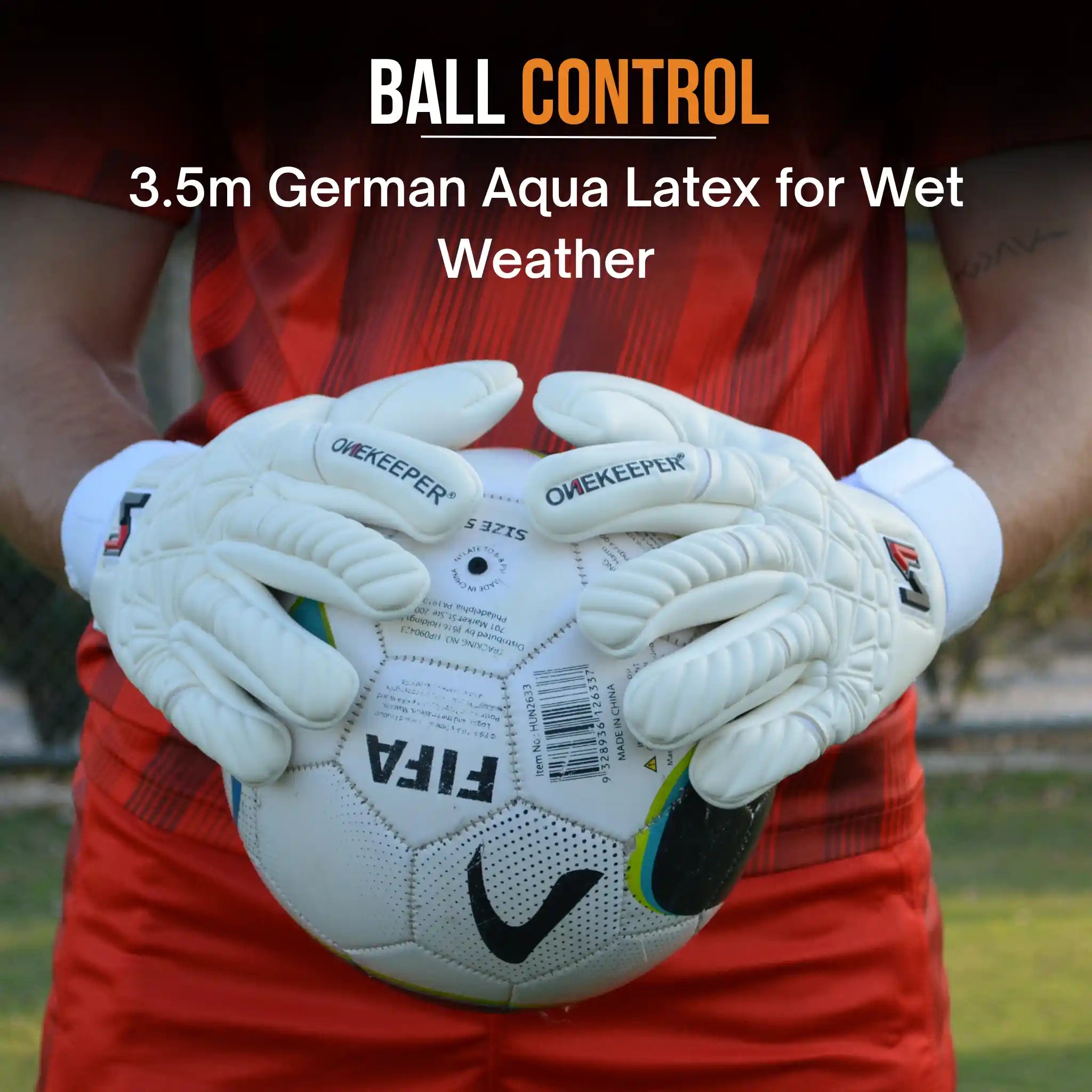 A person wearing a Onekeeper Philipp Kohn goalkeeper gloves holding a soccer ball with text about ball control and weather conditions.