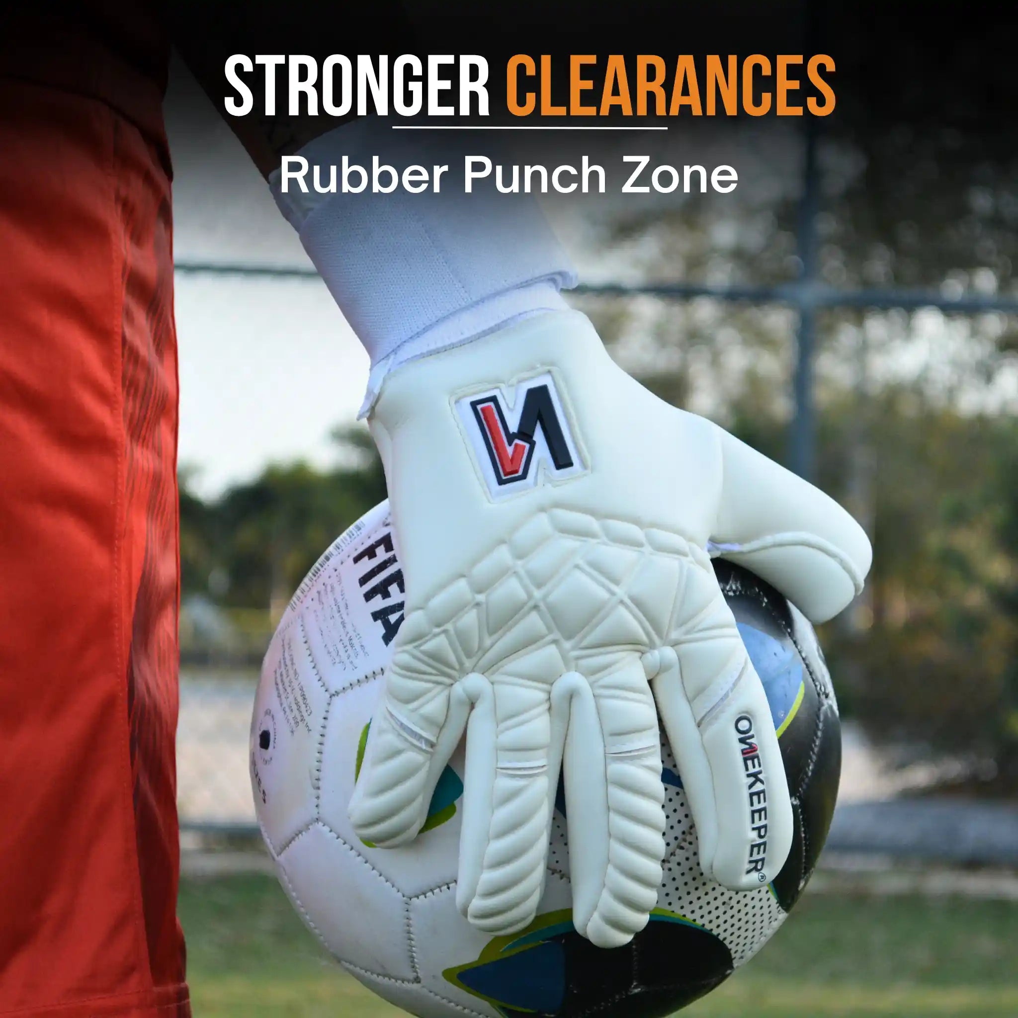onekeeper philipp kohn Goalkeeper glove holding a soccer ball with text about stronger clearances and rubber punch zone.