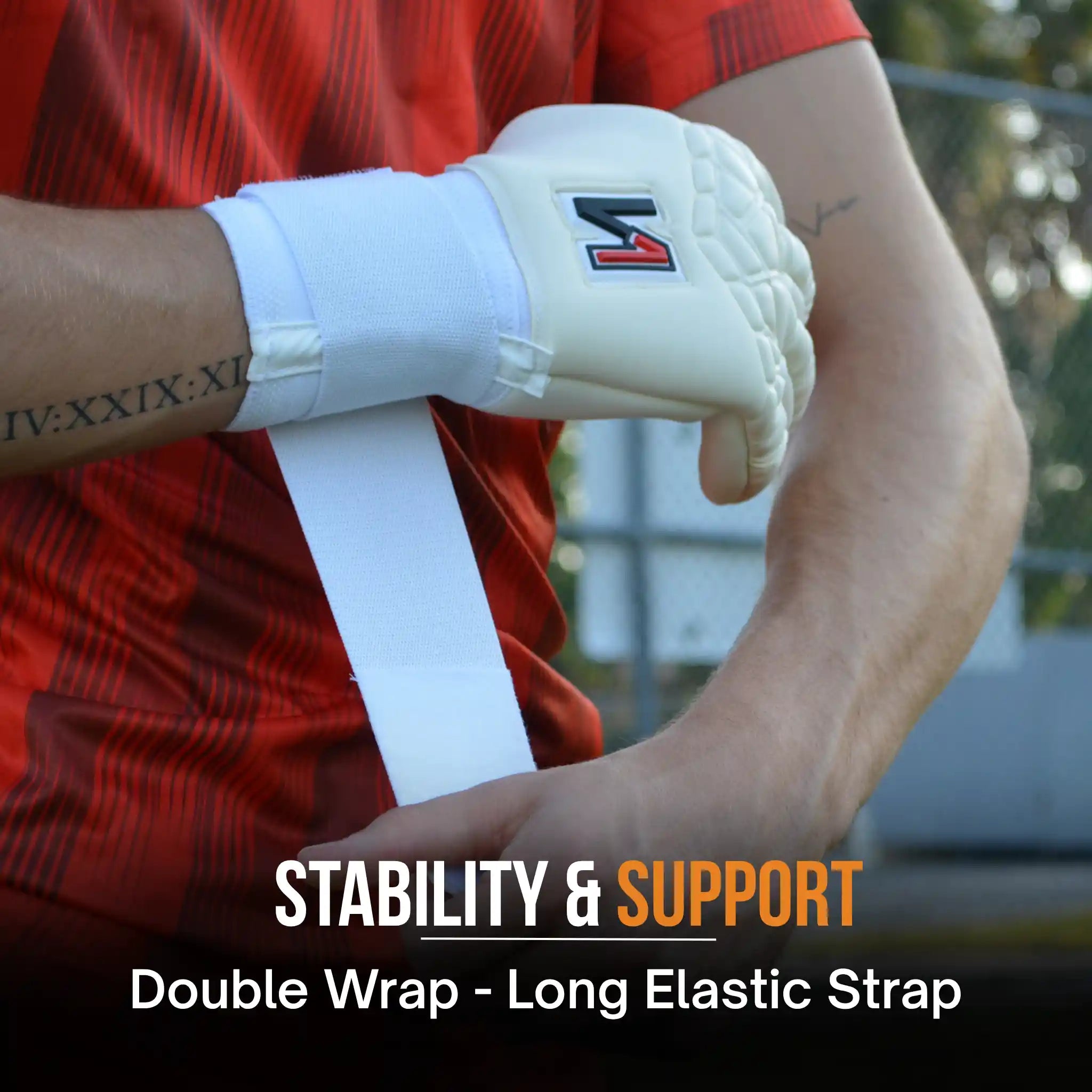 Person wearing onekeeper philipp kohn white goalkeeper gloves with a brand logo, holding a long elastic strap, with text 'Stability & Support' and 'Double Wrap'.
