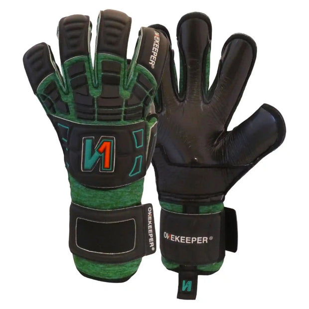 Professional Goalkeeper Gloves ONEKEEPER Solid Robusto Green and Black Fusion Cut special for Turf or Artificial Grass gk