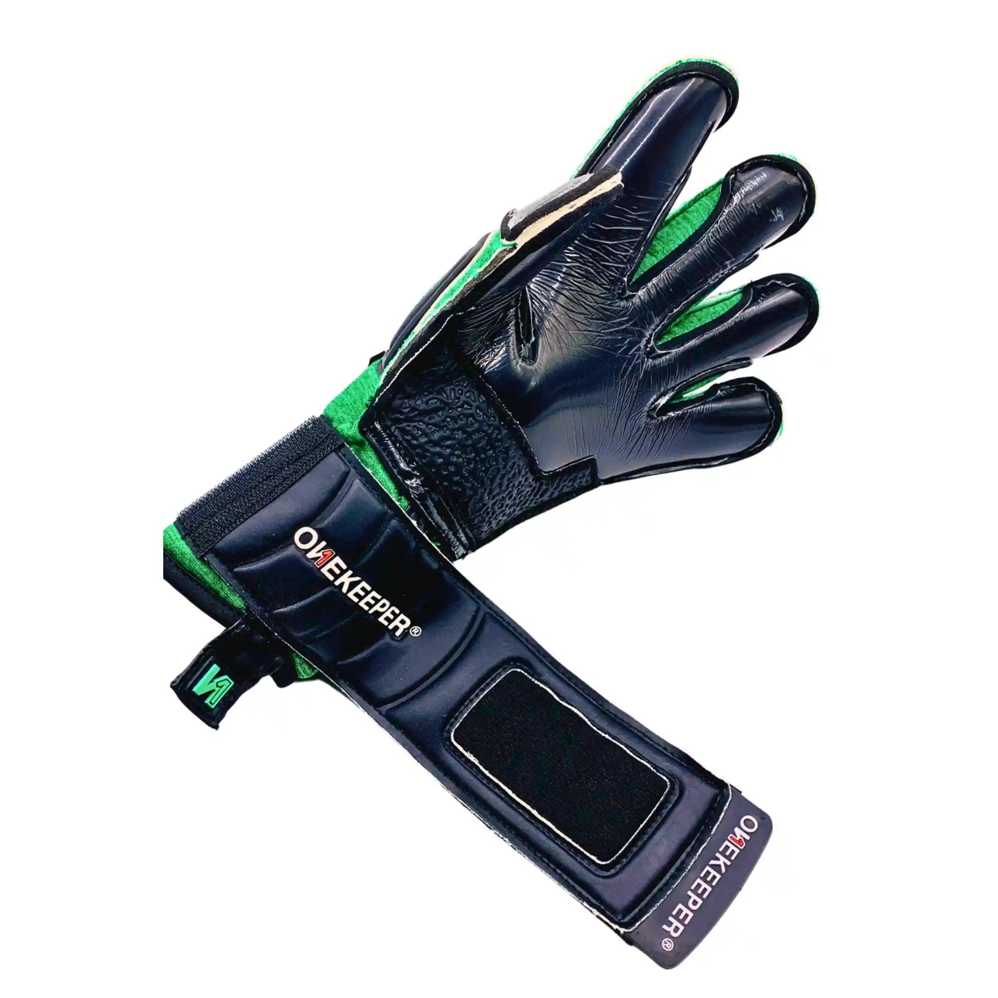 Professional Goalkeeper Gloves ONEKEEPER Solid Robusto Green and Black Fusion Cut special for Turf or Artificial Grass gk