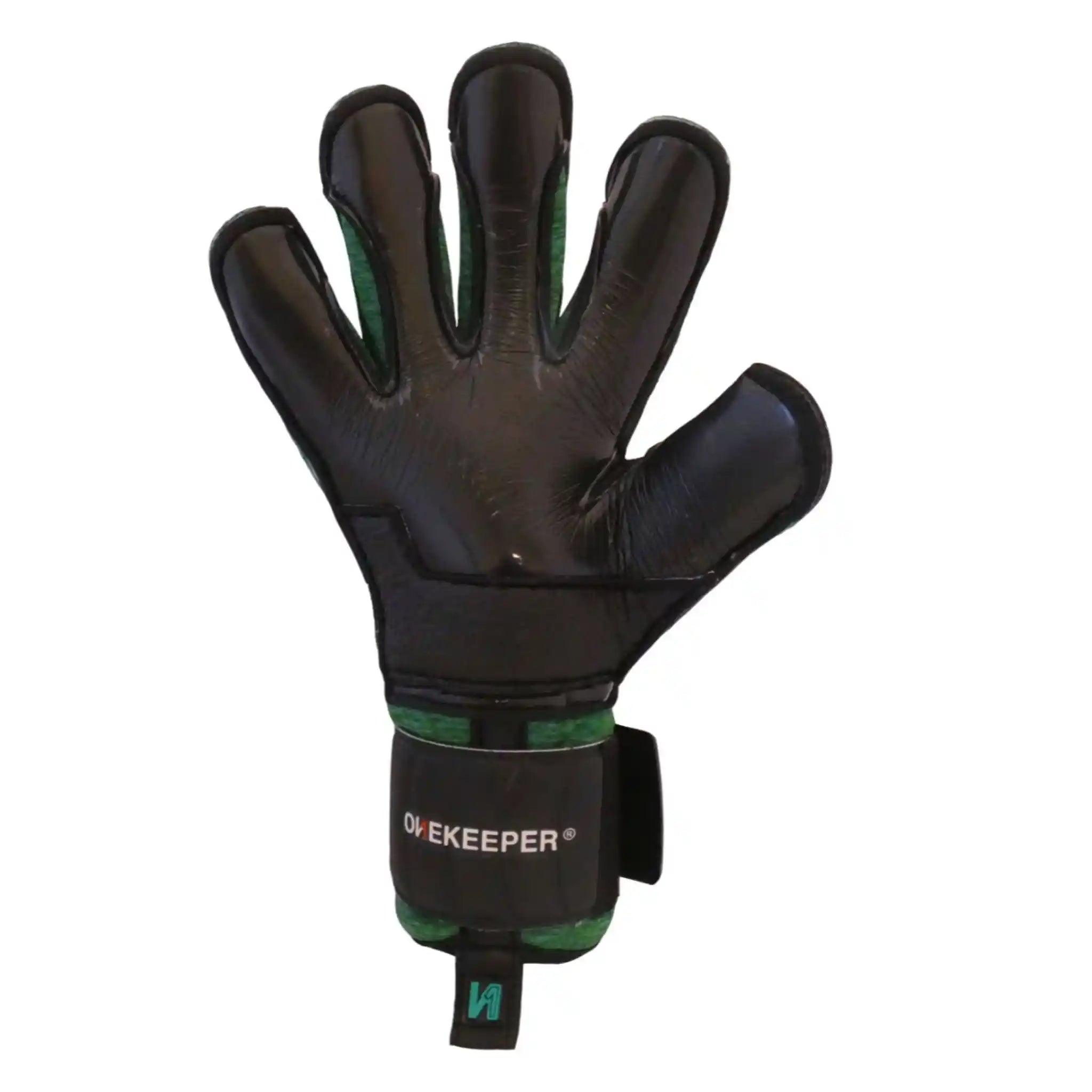Professional Goalkeeper Gloves ONEKEEPER Solid Robusto Green and Black Fusion Cut special for Turf or Artificial Grass gk
