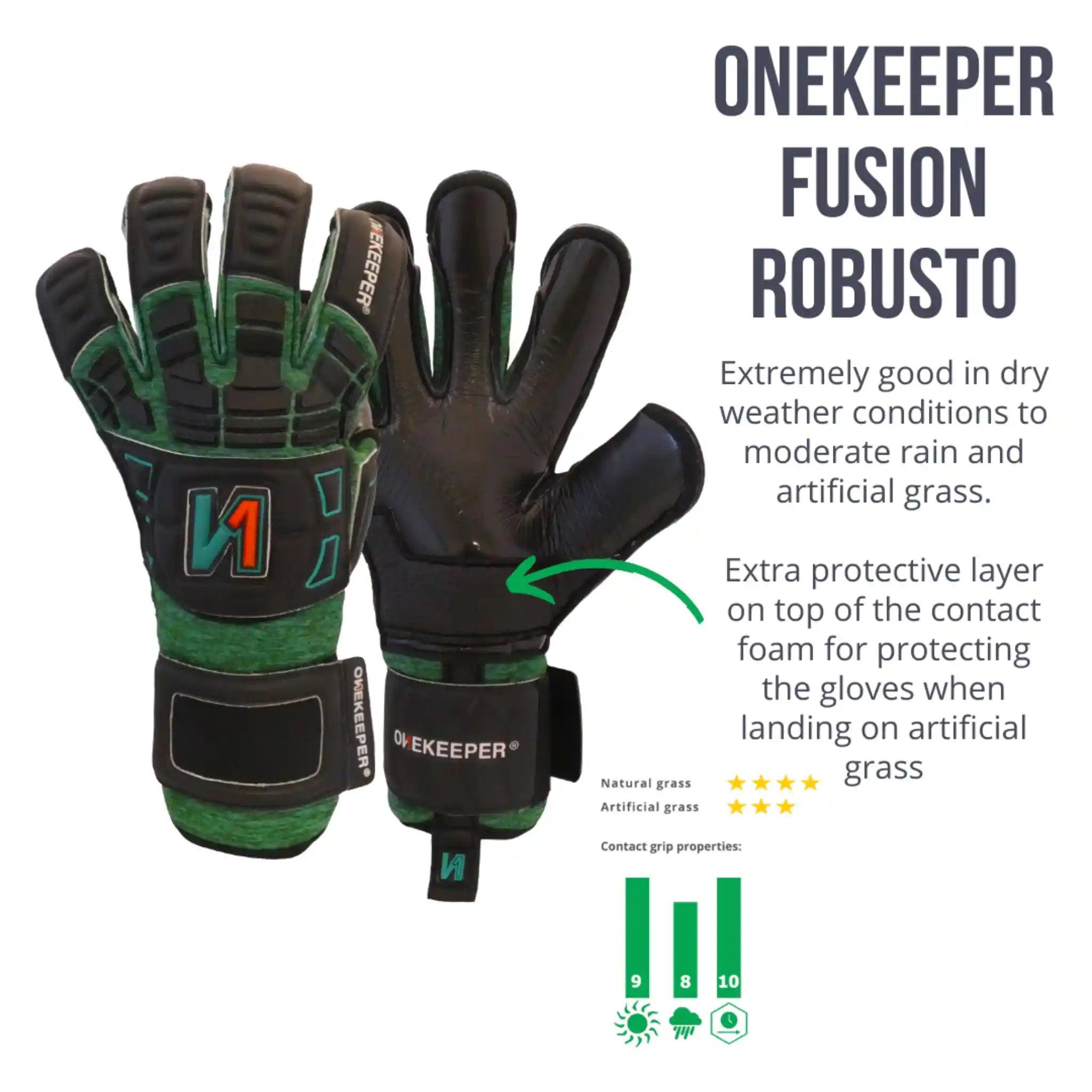 Professional Goalkeeper Gloves ONEKEEPER Solid Robusto Green and Black Fusion Cut special for Turf or Artificial Grass gk